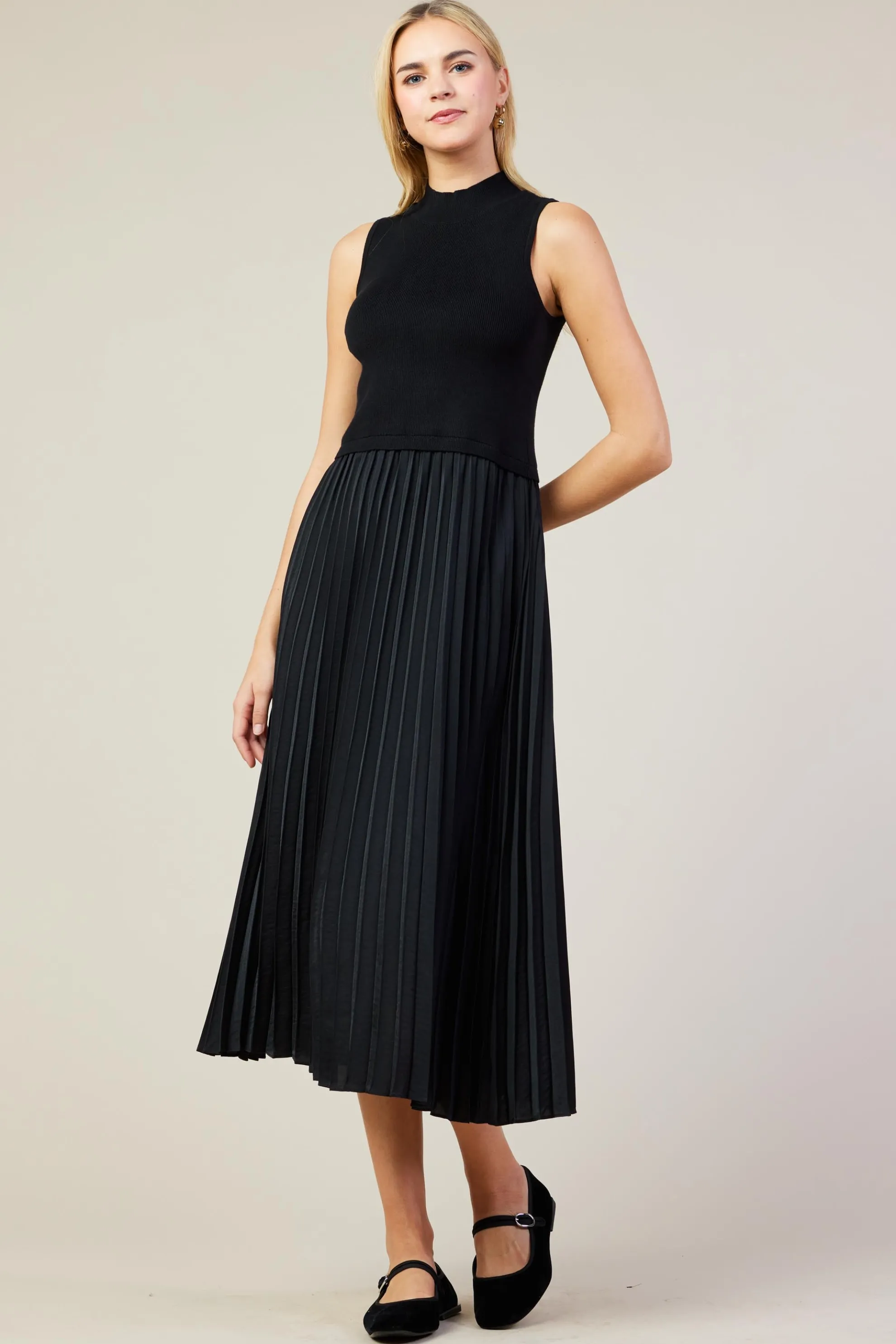 Mixed Media Pleated Midi Dress