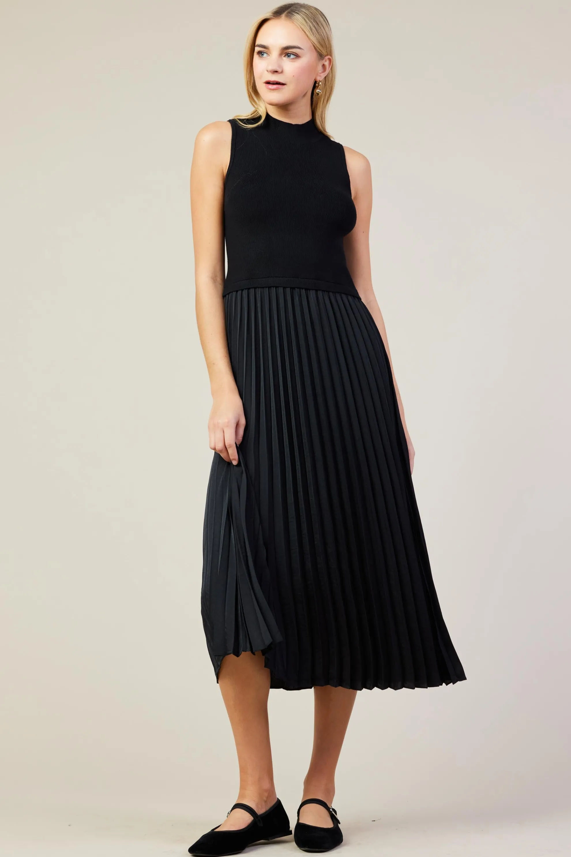 Mixed Media Pleated Midi Dress