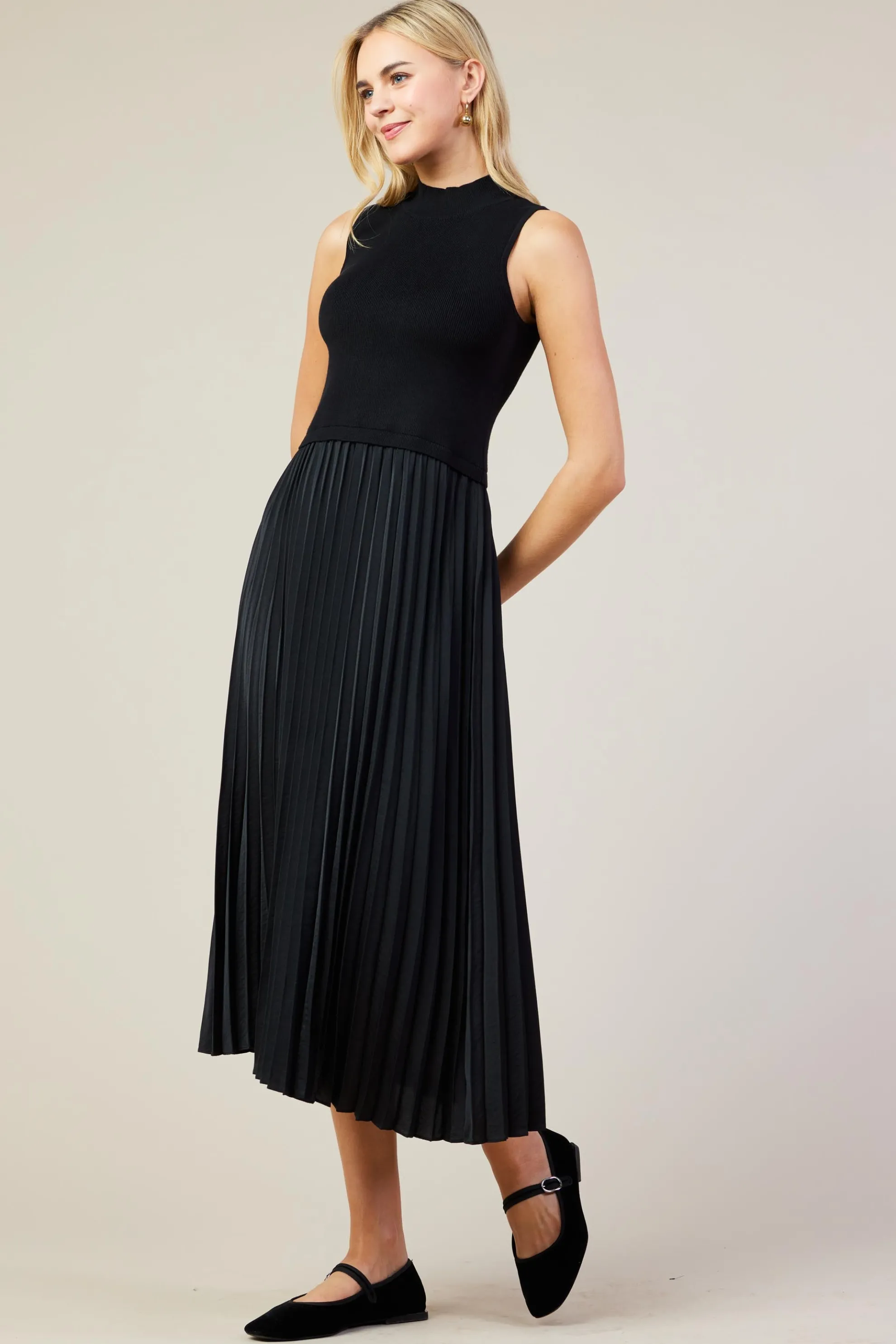 Mixed Media Pleated Midi Dress