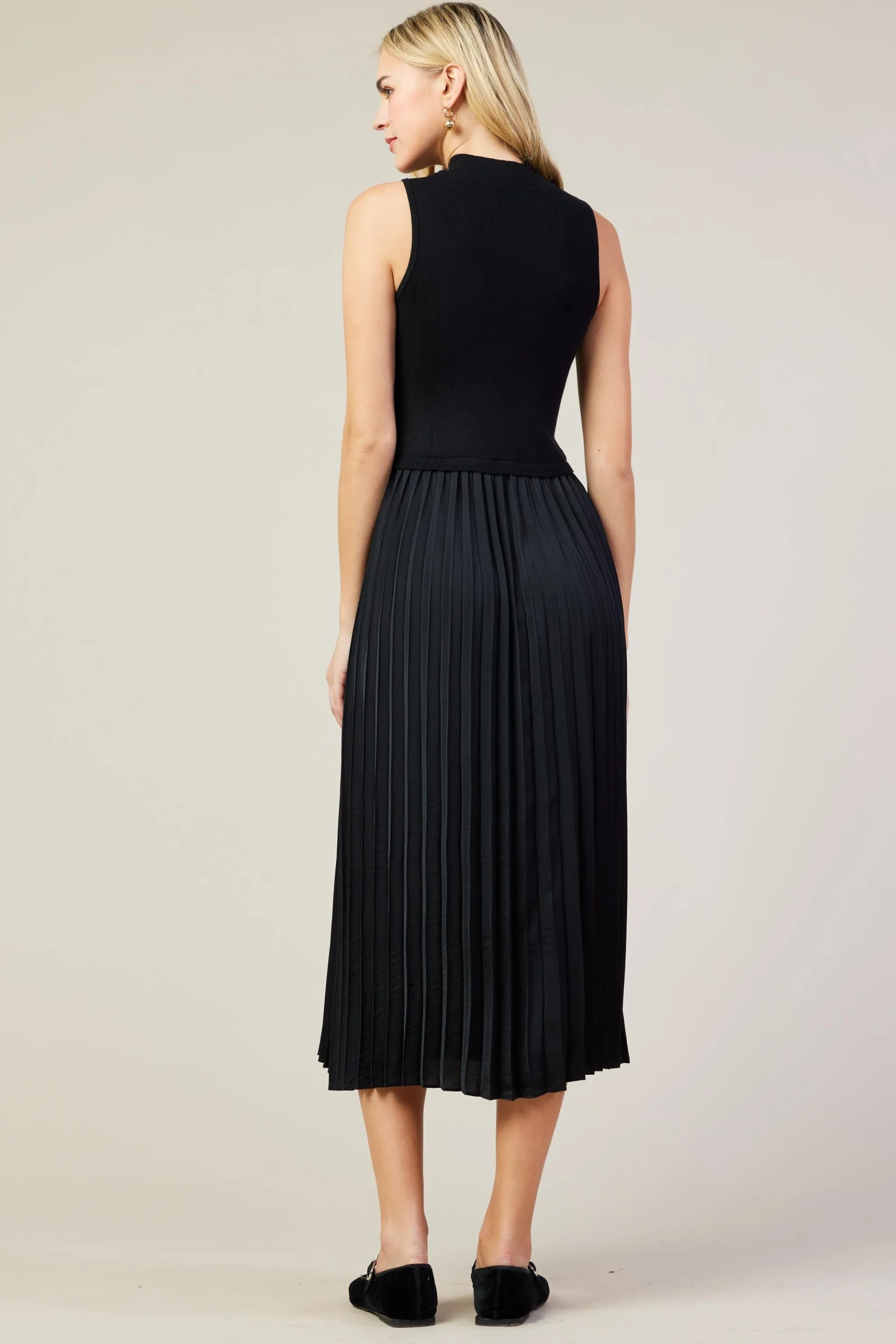 Mixed Media Pleated Midi Dress
