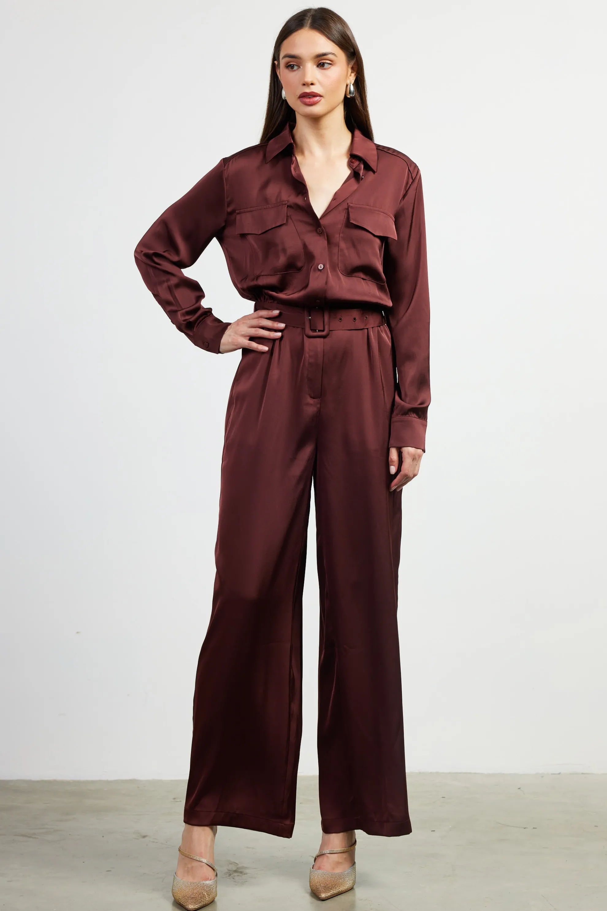 Satin Button Down Belted Jumpsuit