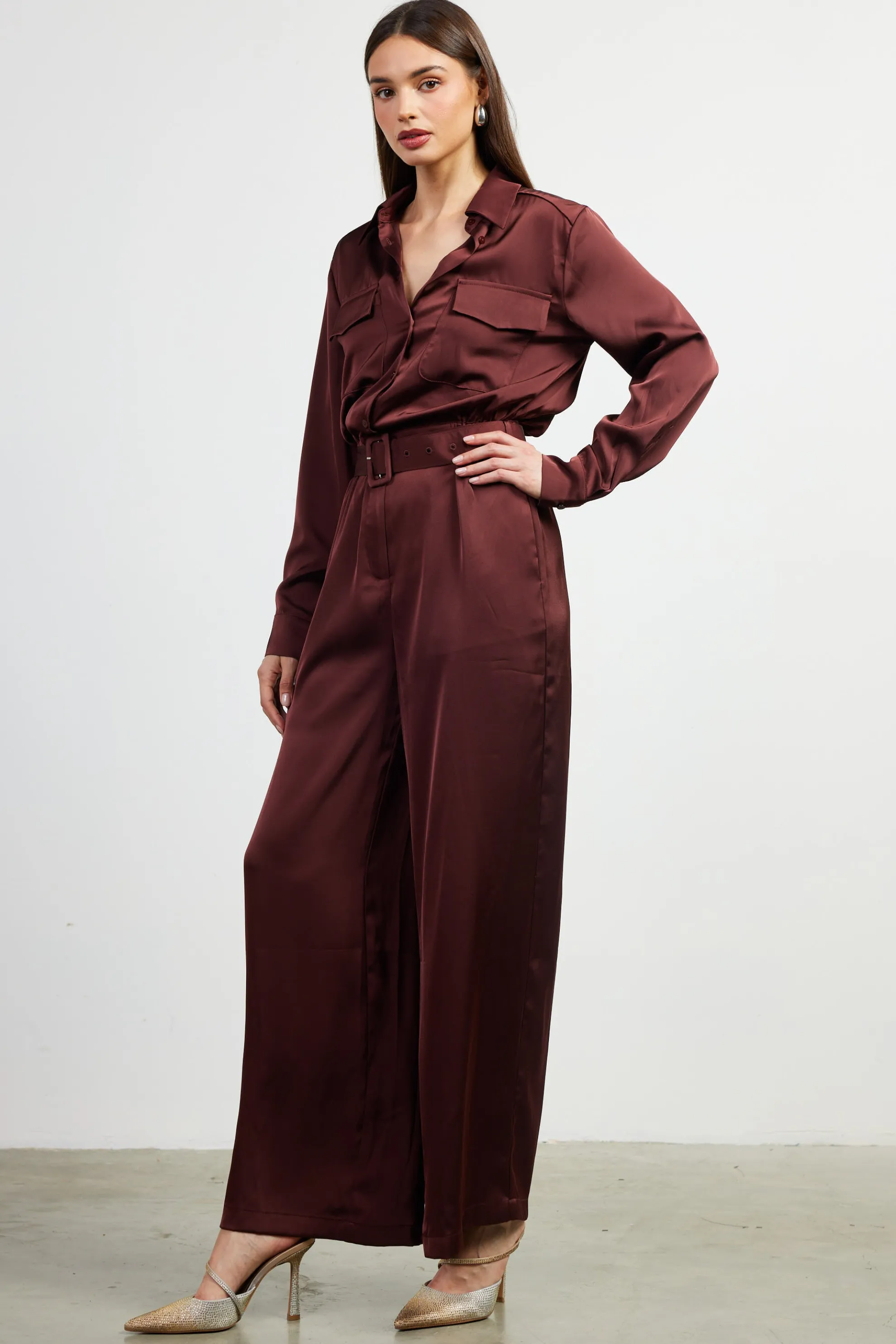 Satin Button Down Belted Jumpsuit