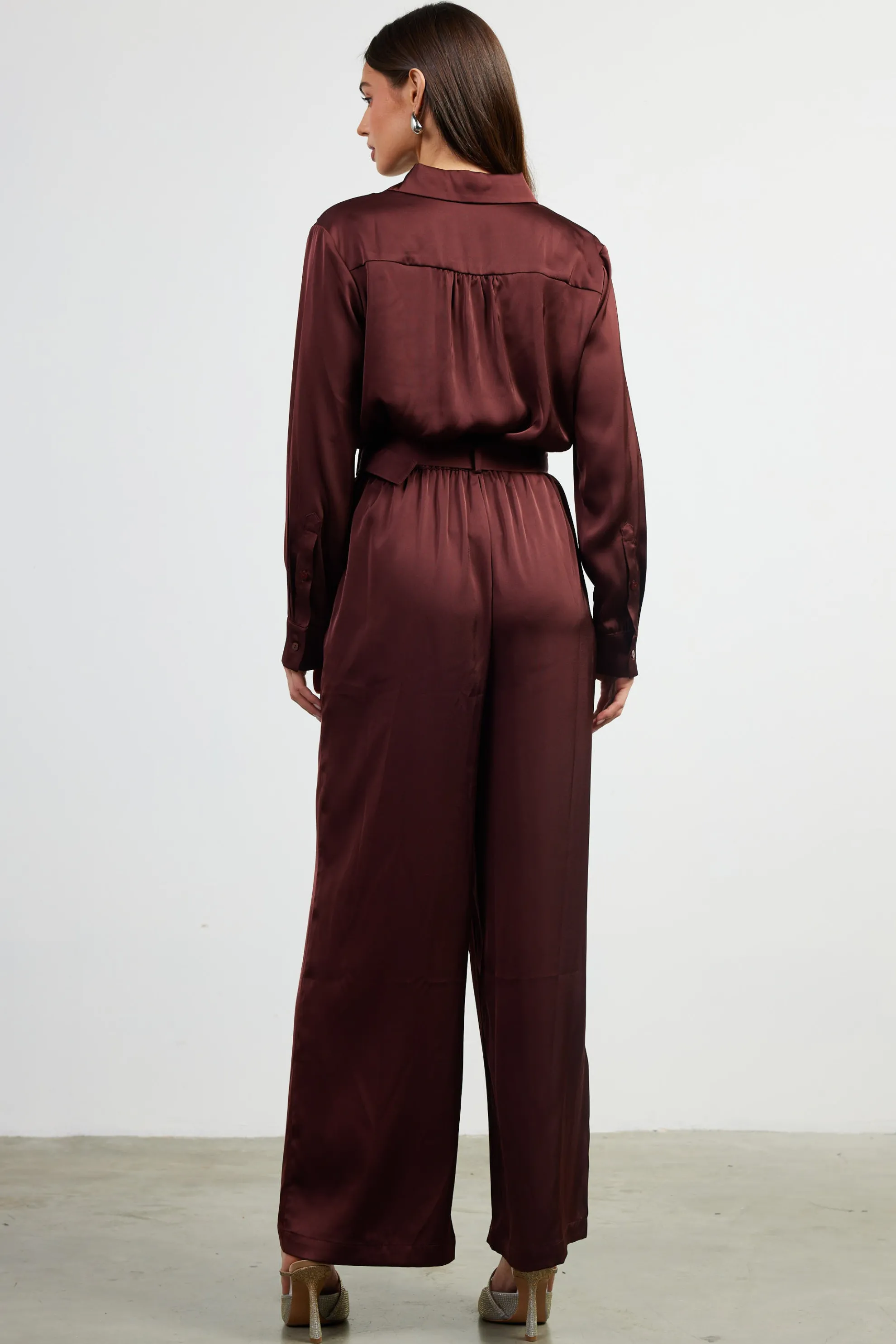 Satin Button Down Belted Jumpsuit