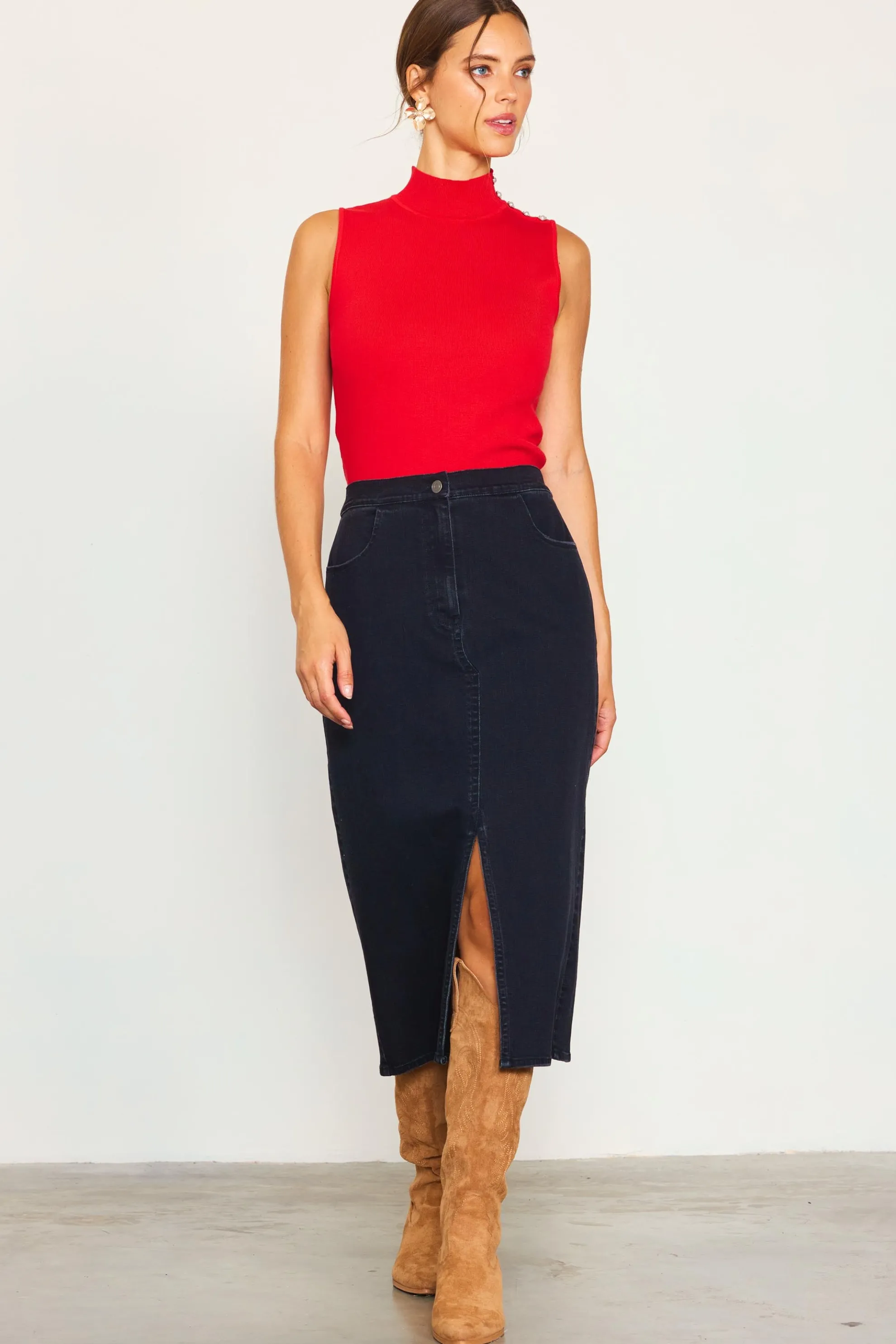 Front Slit Maxi Denim Skirt