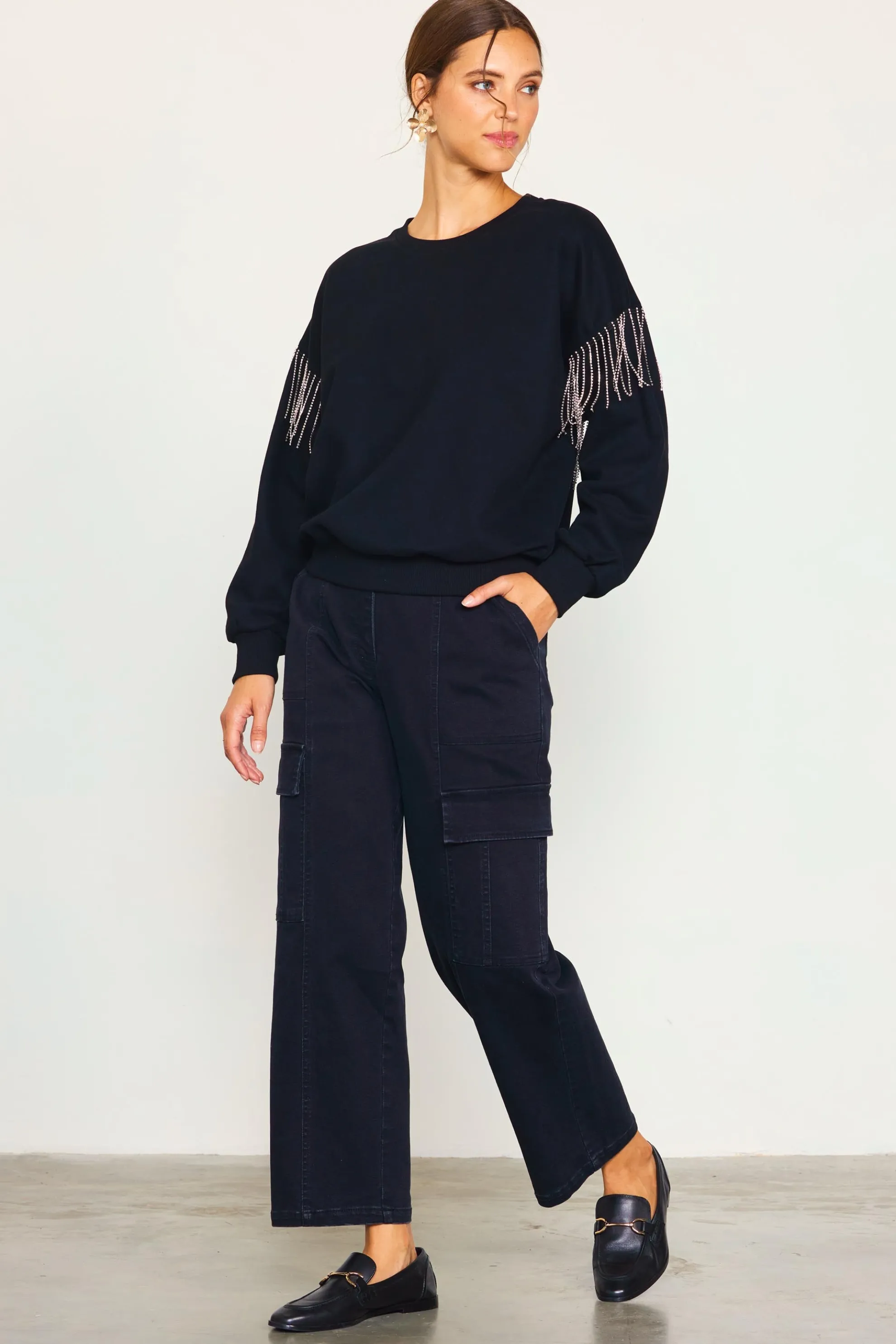 Rhinestone Sleeve Trim Sweatshirt