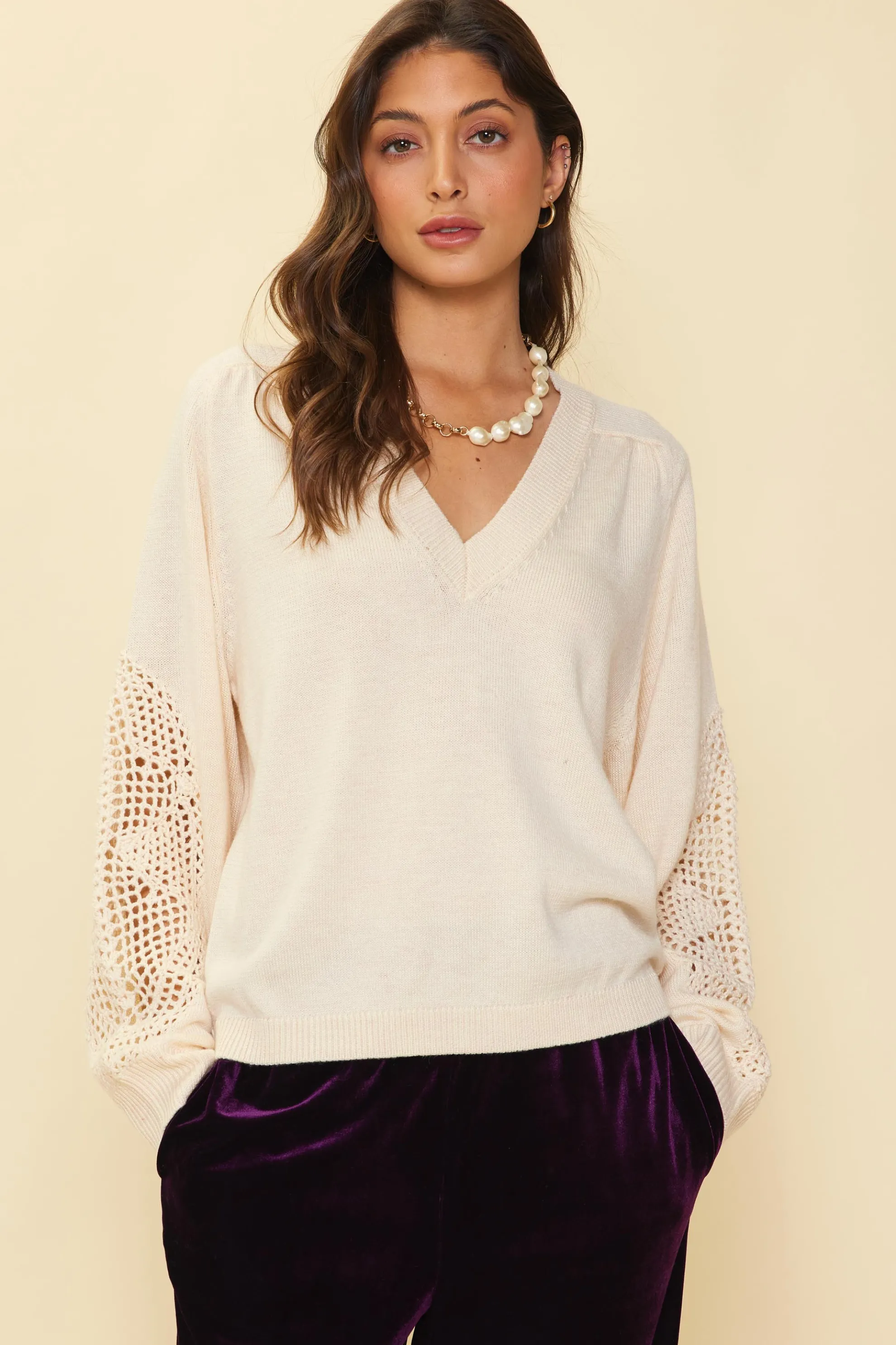 Crochet Sleeve Knit Sweater