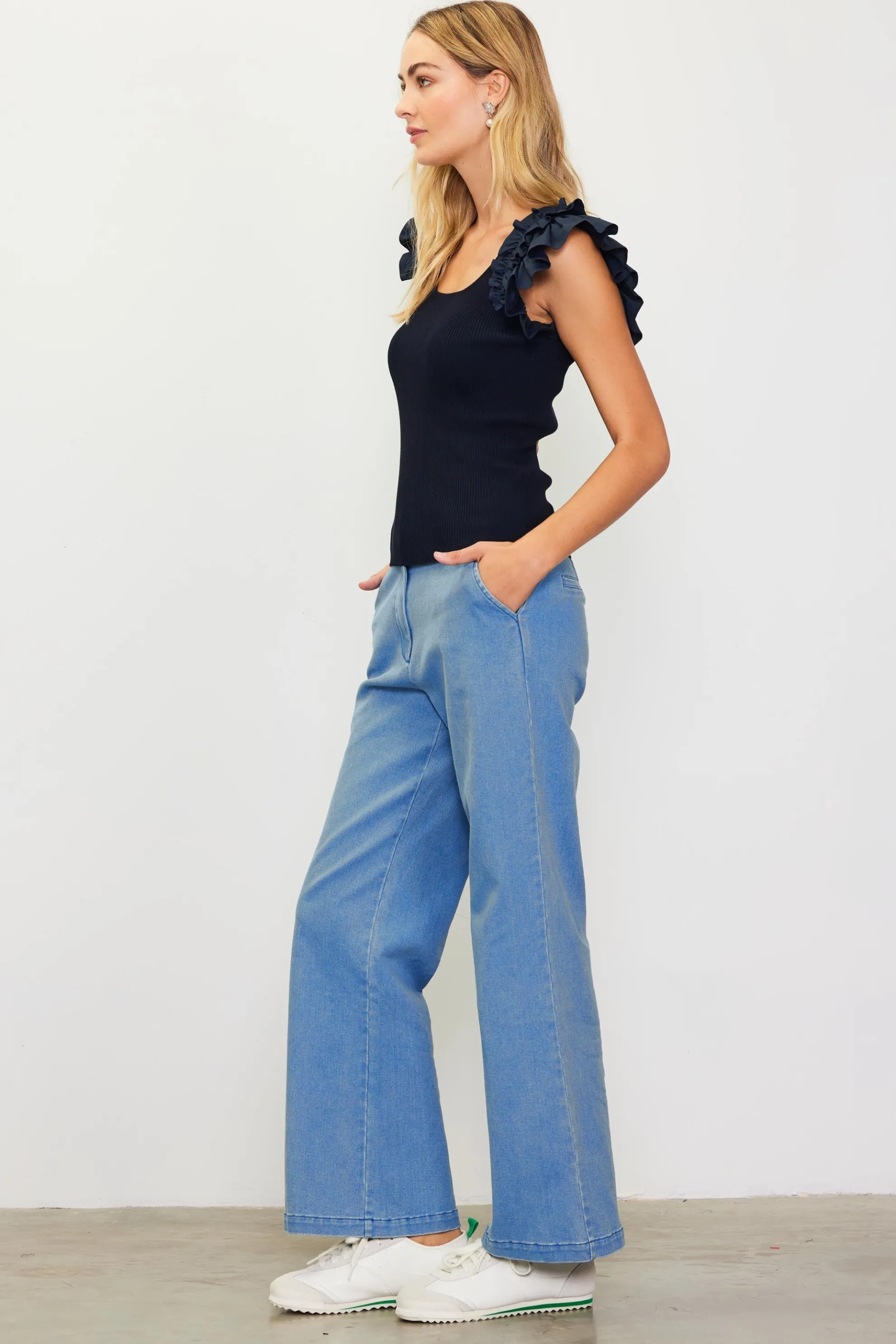 Shirred Ruffle Sleeve Ribbed Sweater