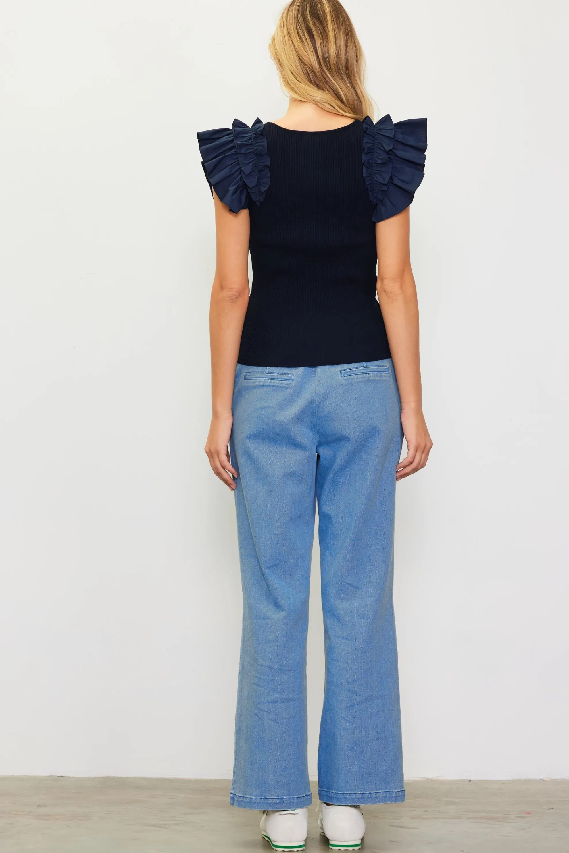 Shirred Ruffle Sleeve Ribbed Sweater