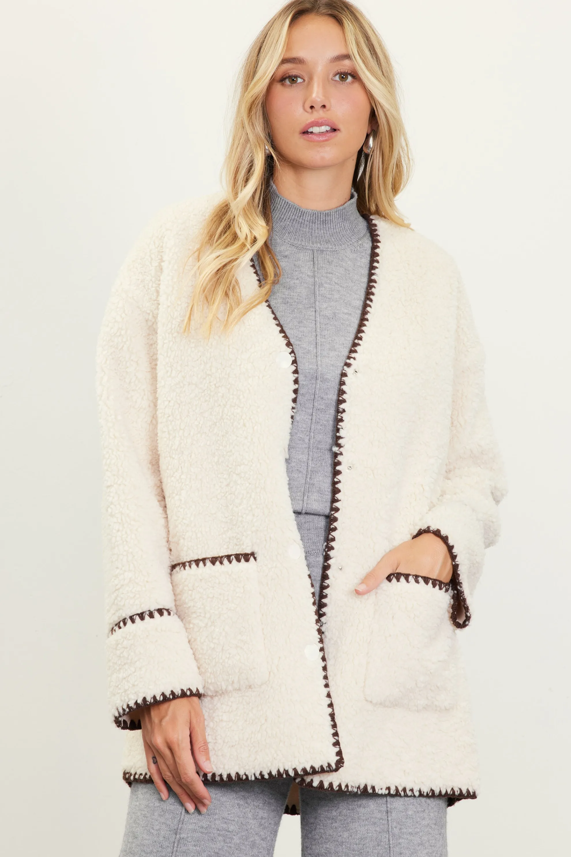Noelle Contrast Stitch Detail Sherpa Coat