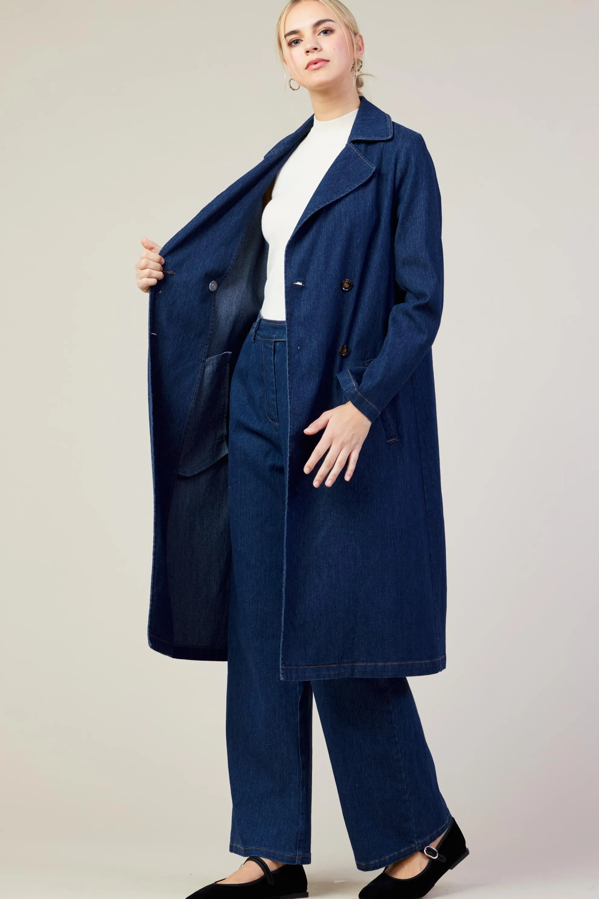 Washed Denim Trench Coat