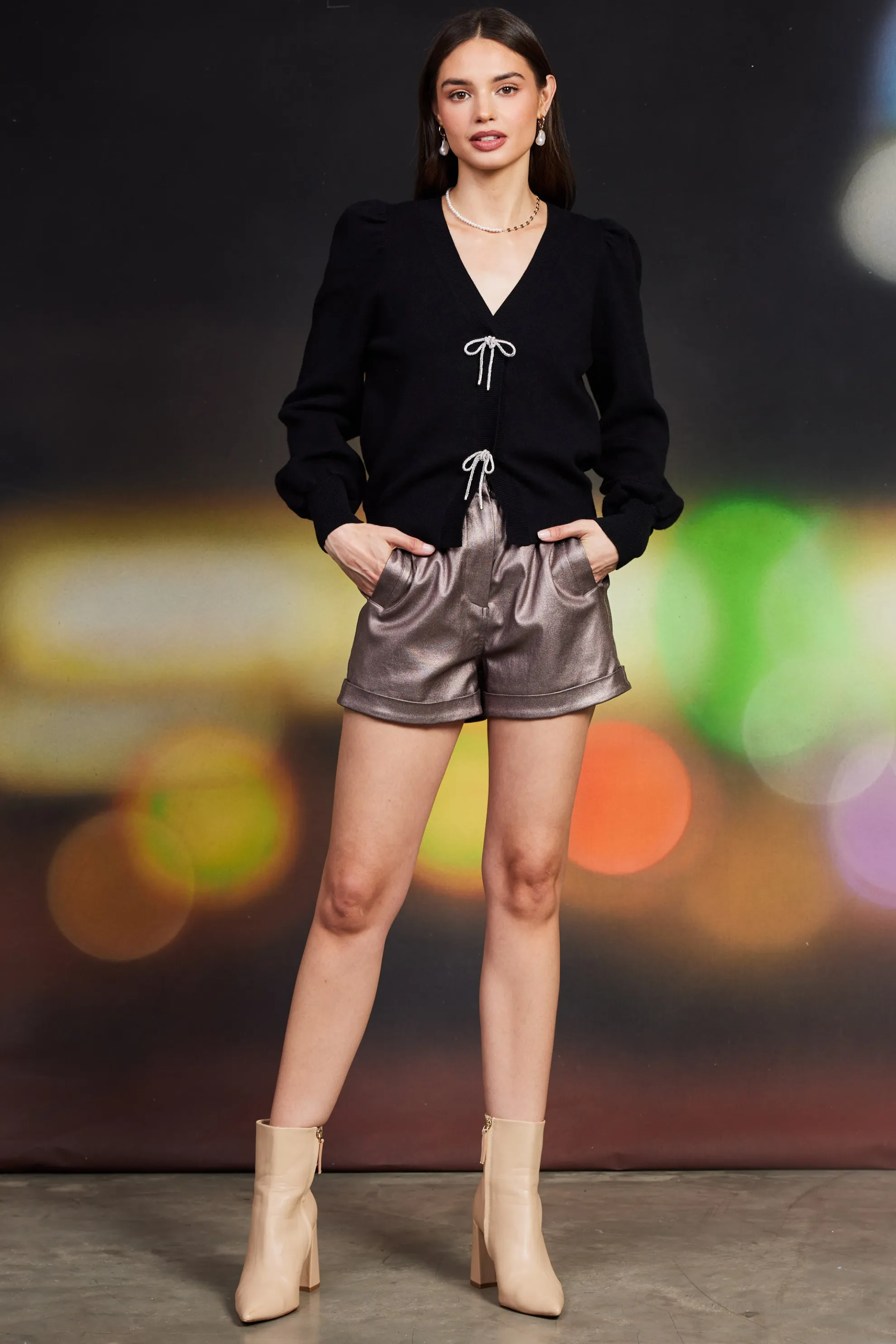 Kaira Ribbon Detail Puff Sleeve Cardigan