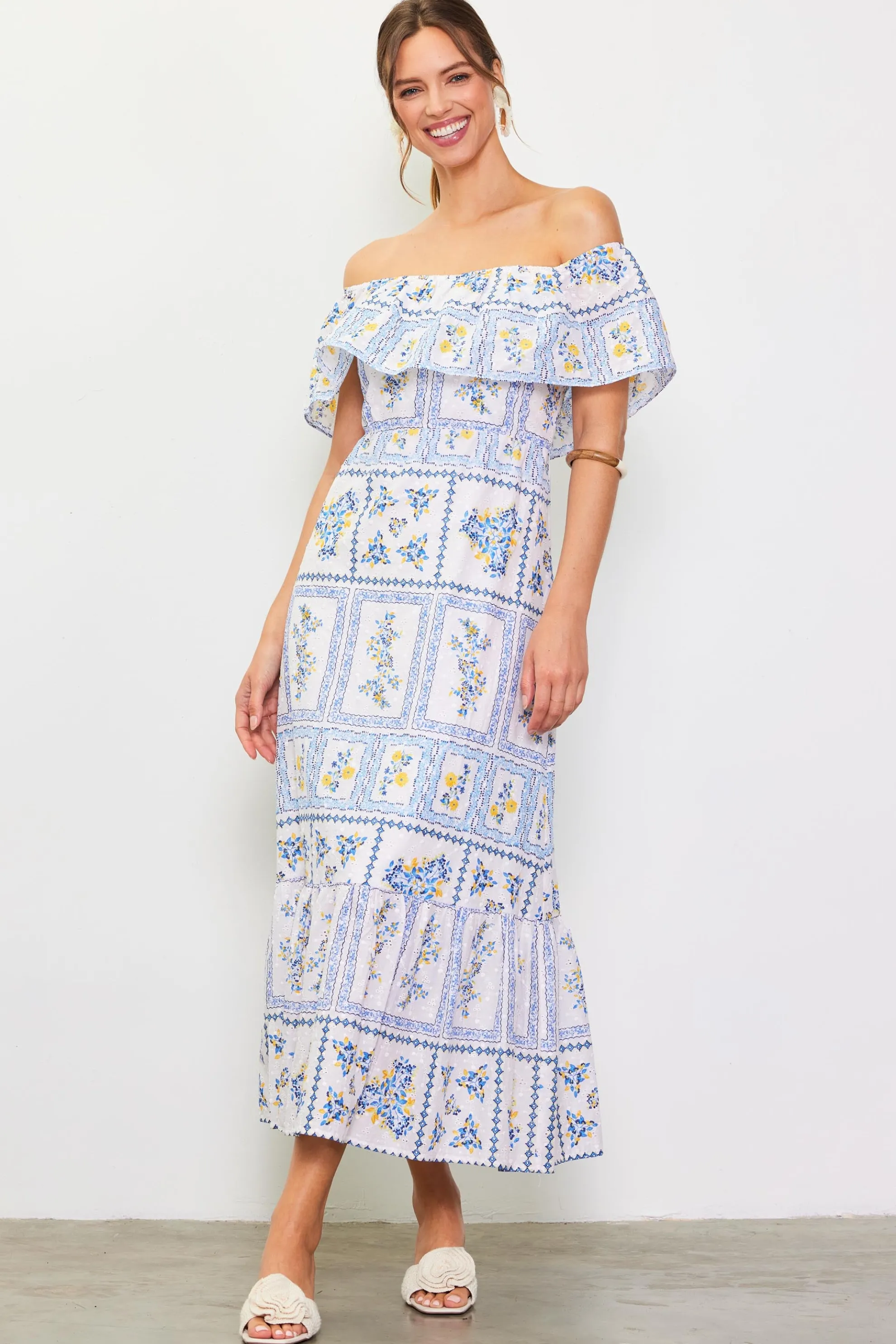Eyelet Embroidered Print Maxi Dress
