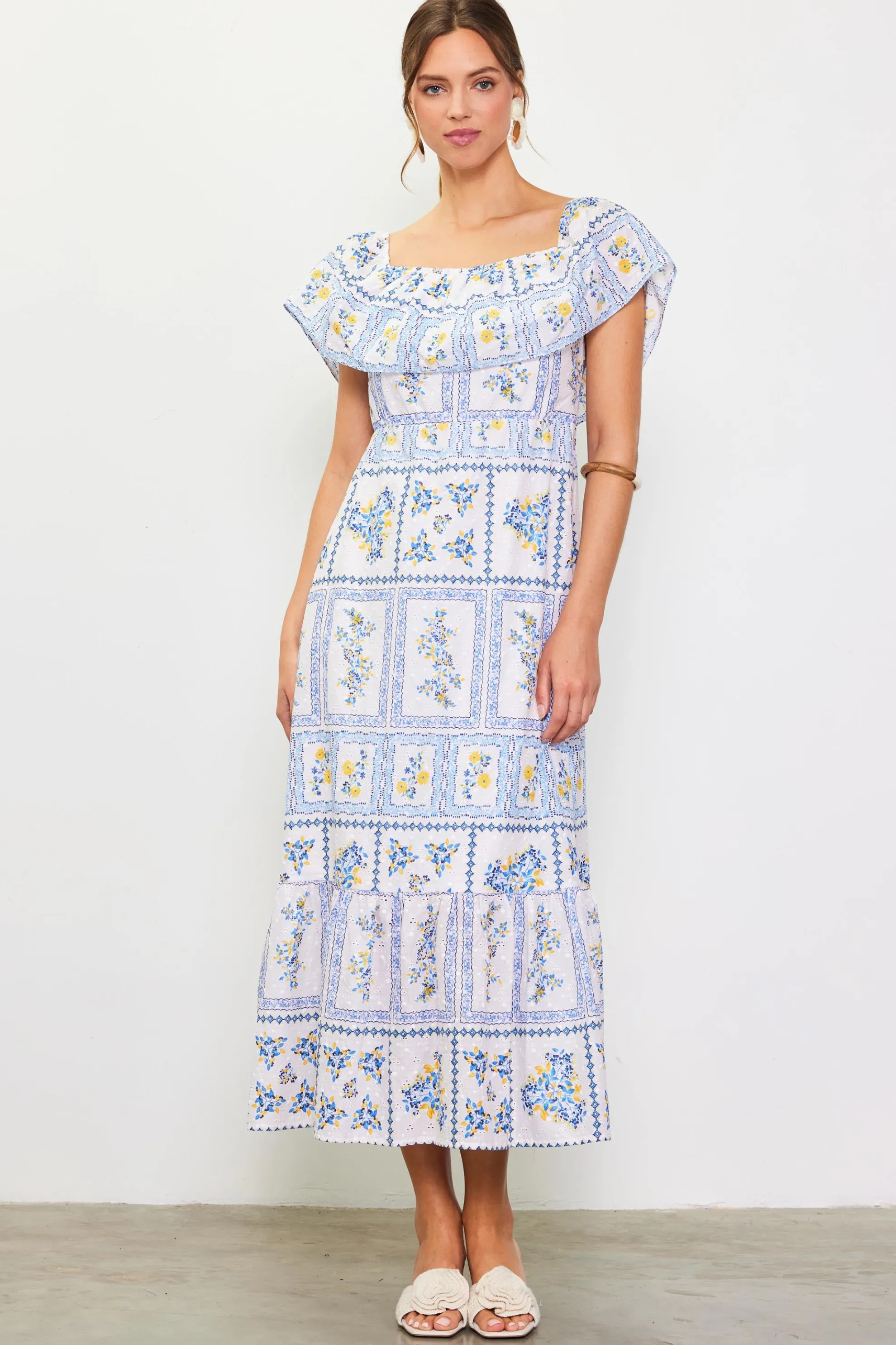 Eyelet Embroidered Print Maxi Dress