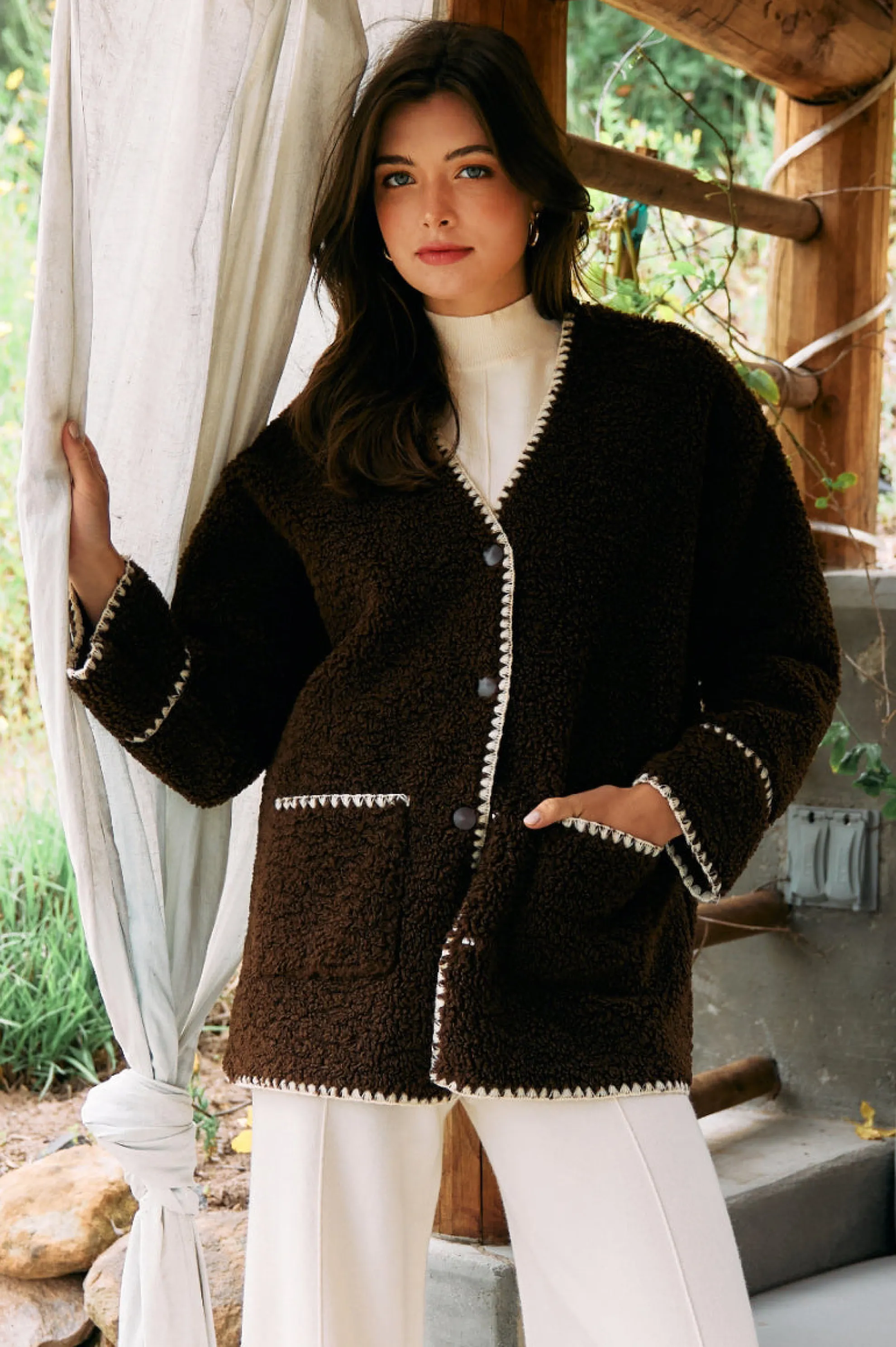 Noelle Contrast Stitch Detail Sherpa Coat