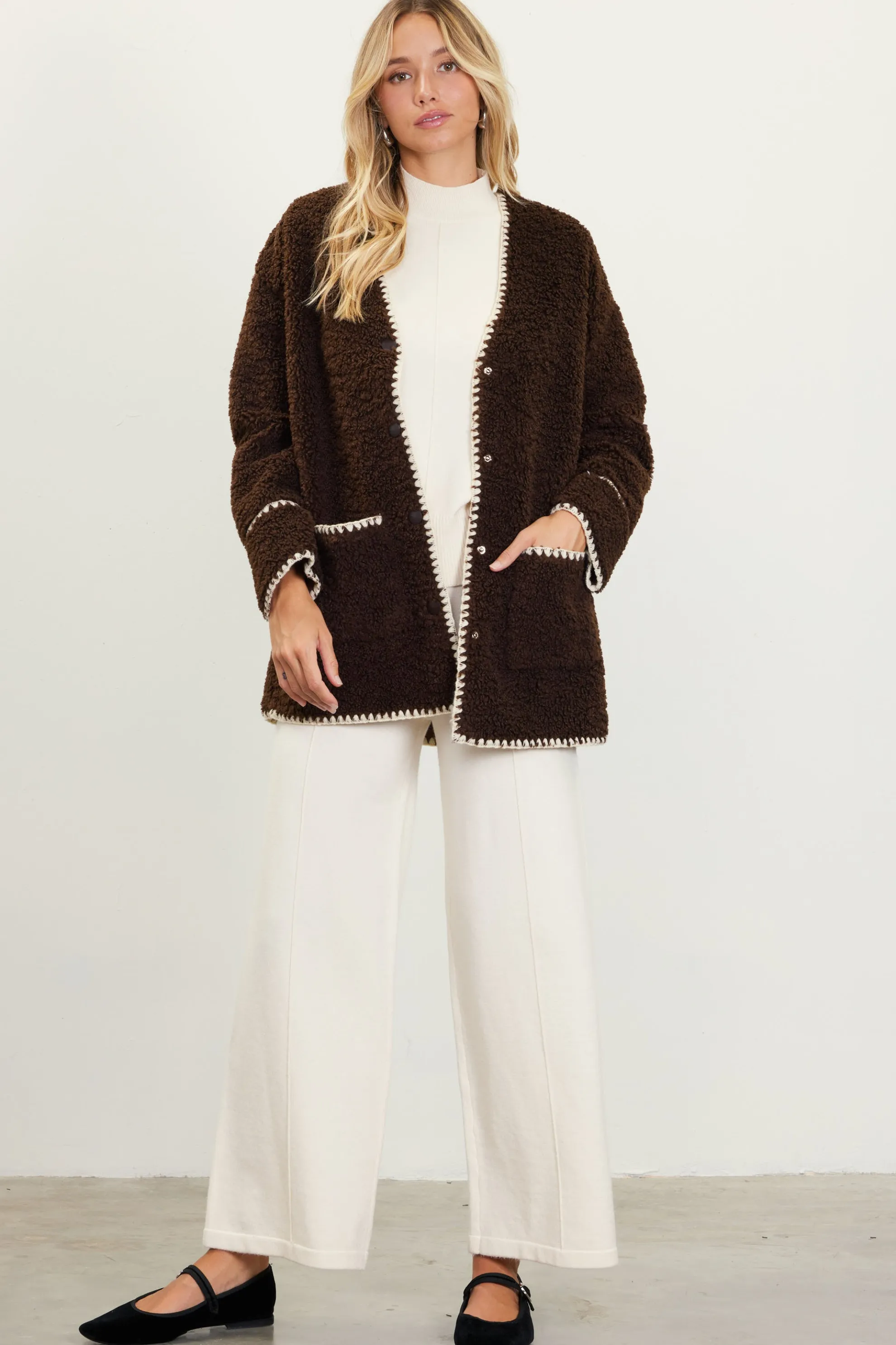 Noelle Contrast Stitch Detail Sherpa Coat