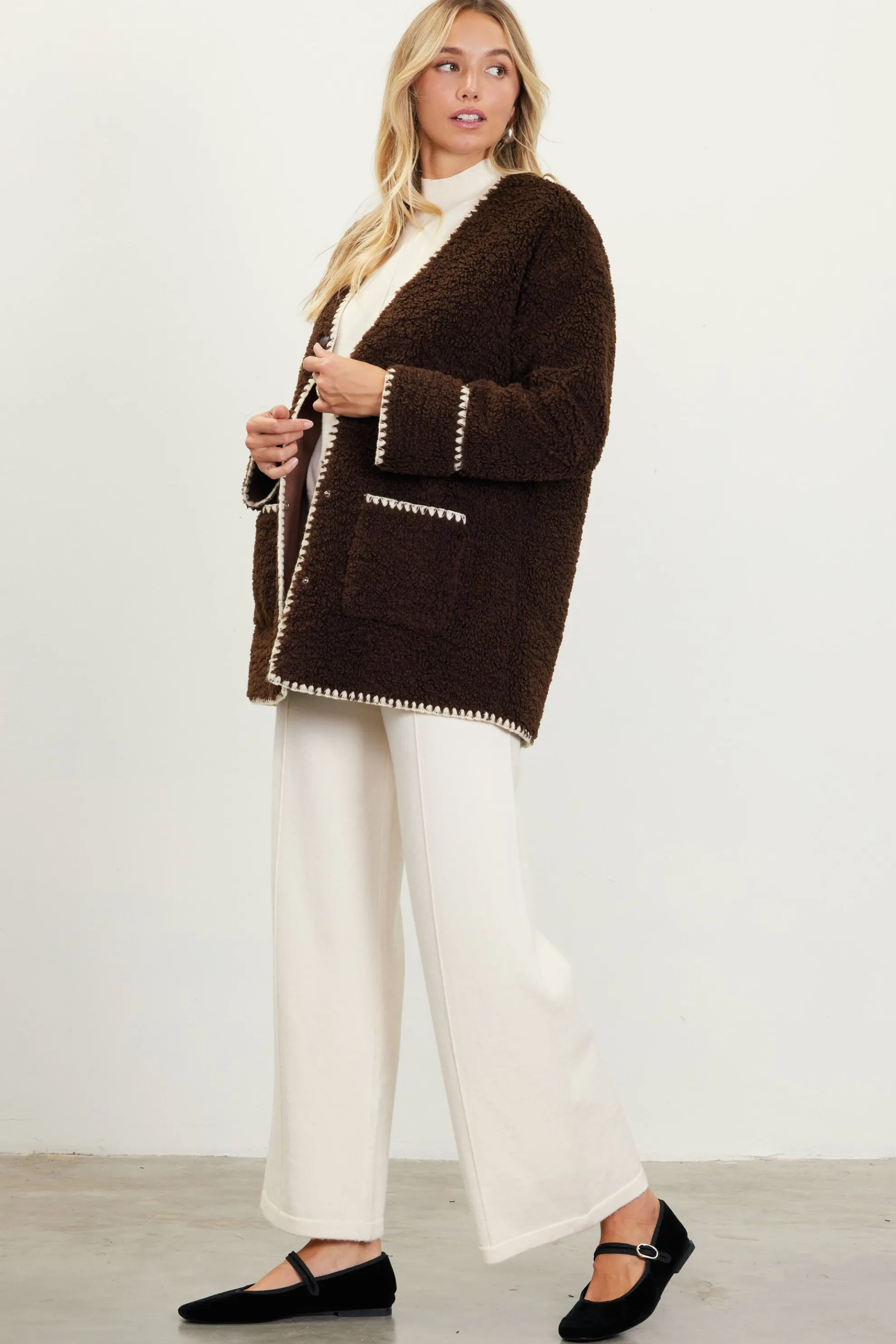 Noelle Contrast Stitch Detail Sherpa Coat