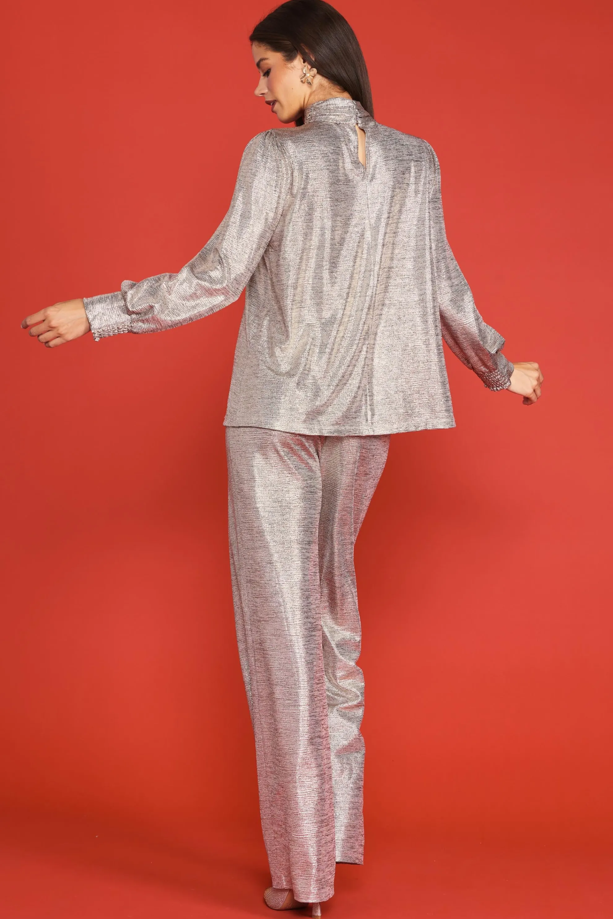 Metallic Foil Print Mock Neck Top