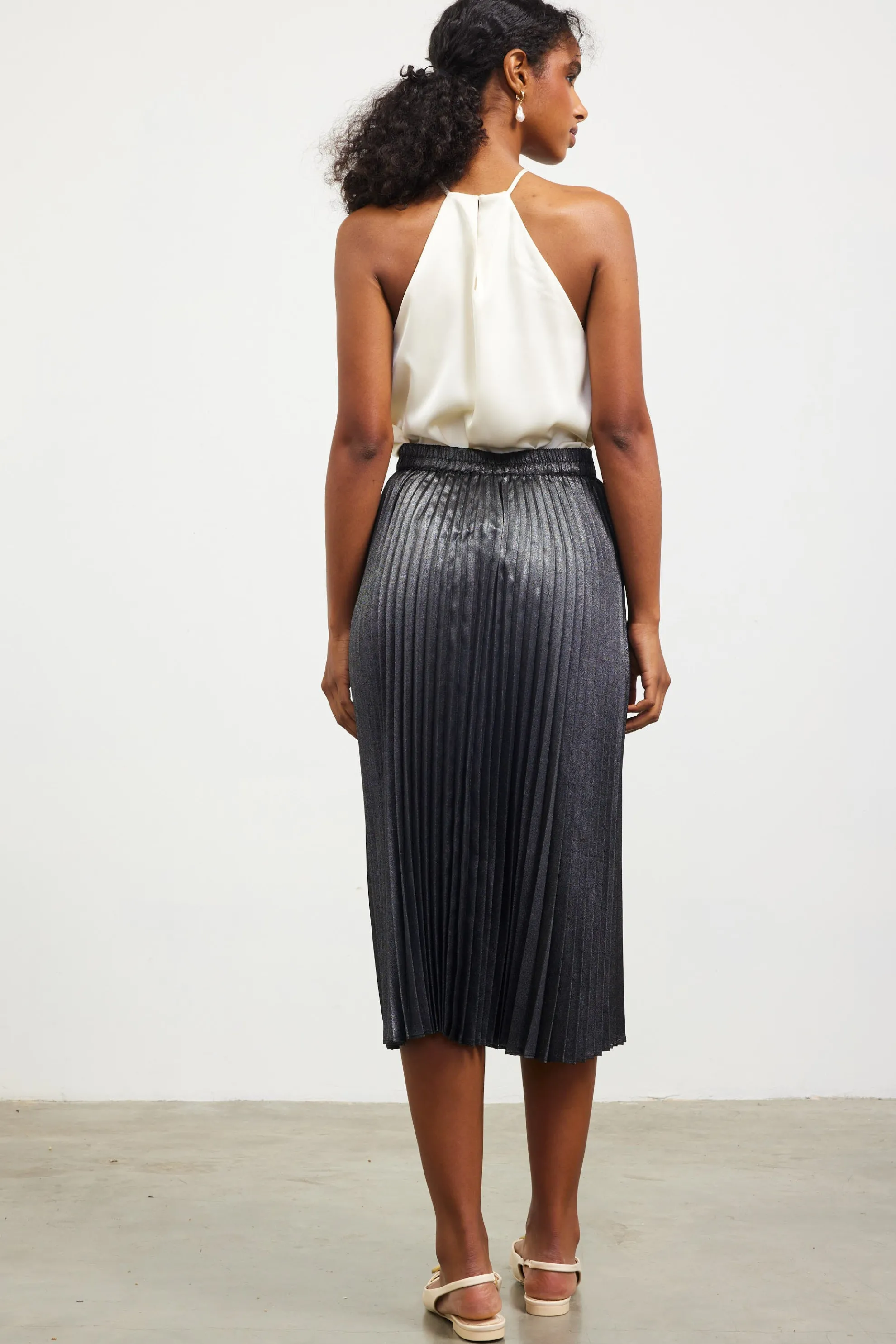 Metallic Foil Pleated Midi Skirt