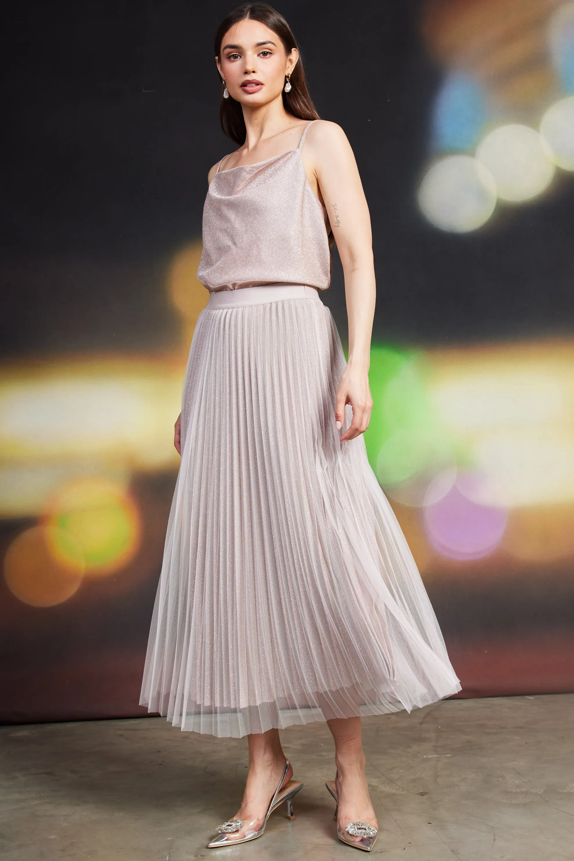 Shimmery Pleated Midi Skirt
