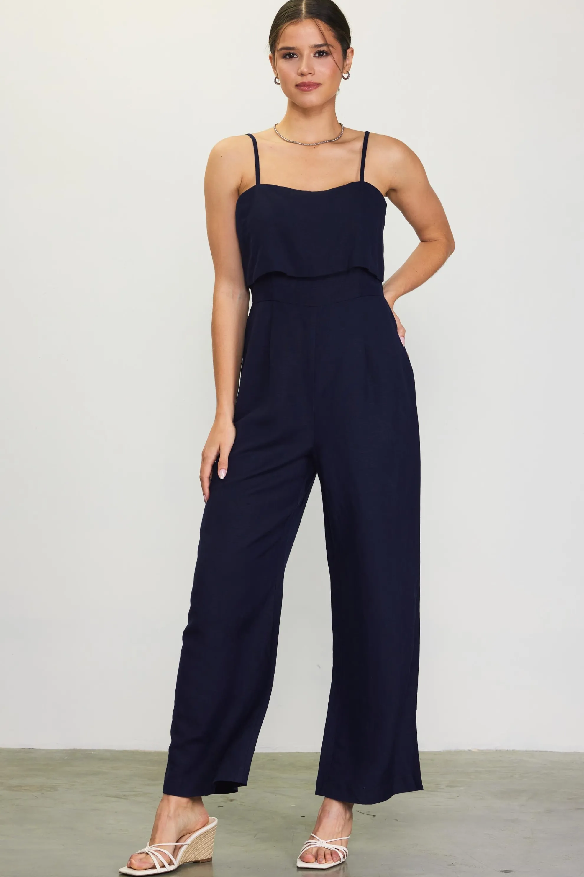 Linen Blend Shoulder Strap Jumpsuit