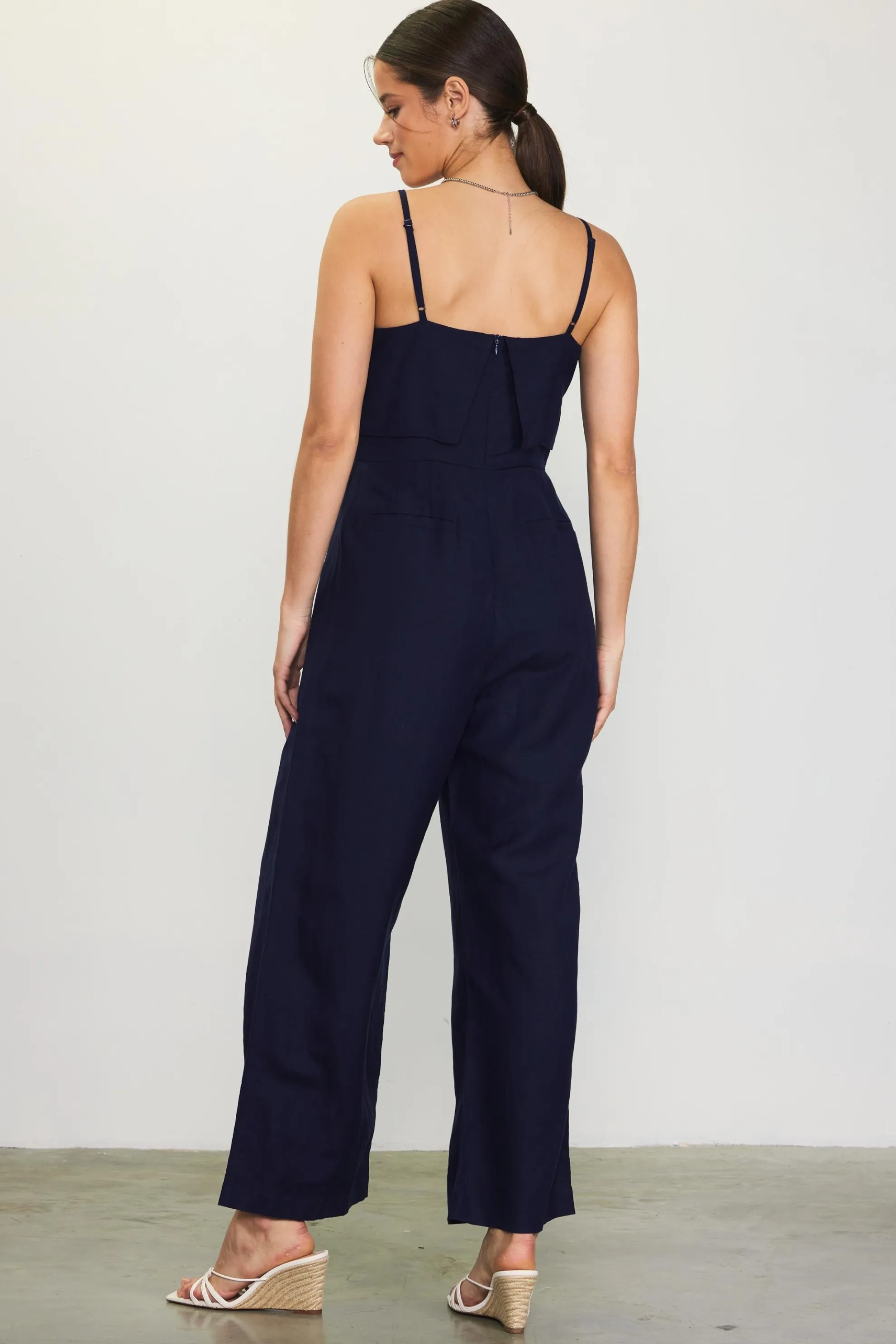 Linen Blend Shoulder Strap Jumpsuit