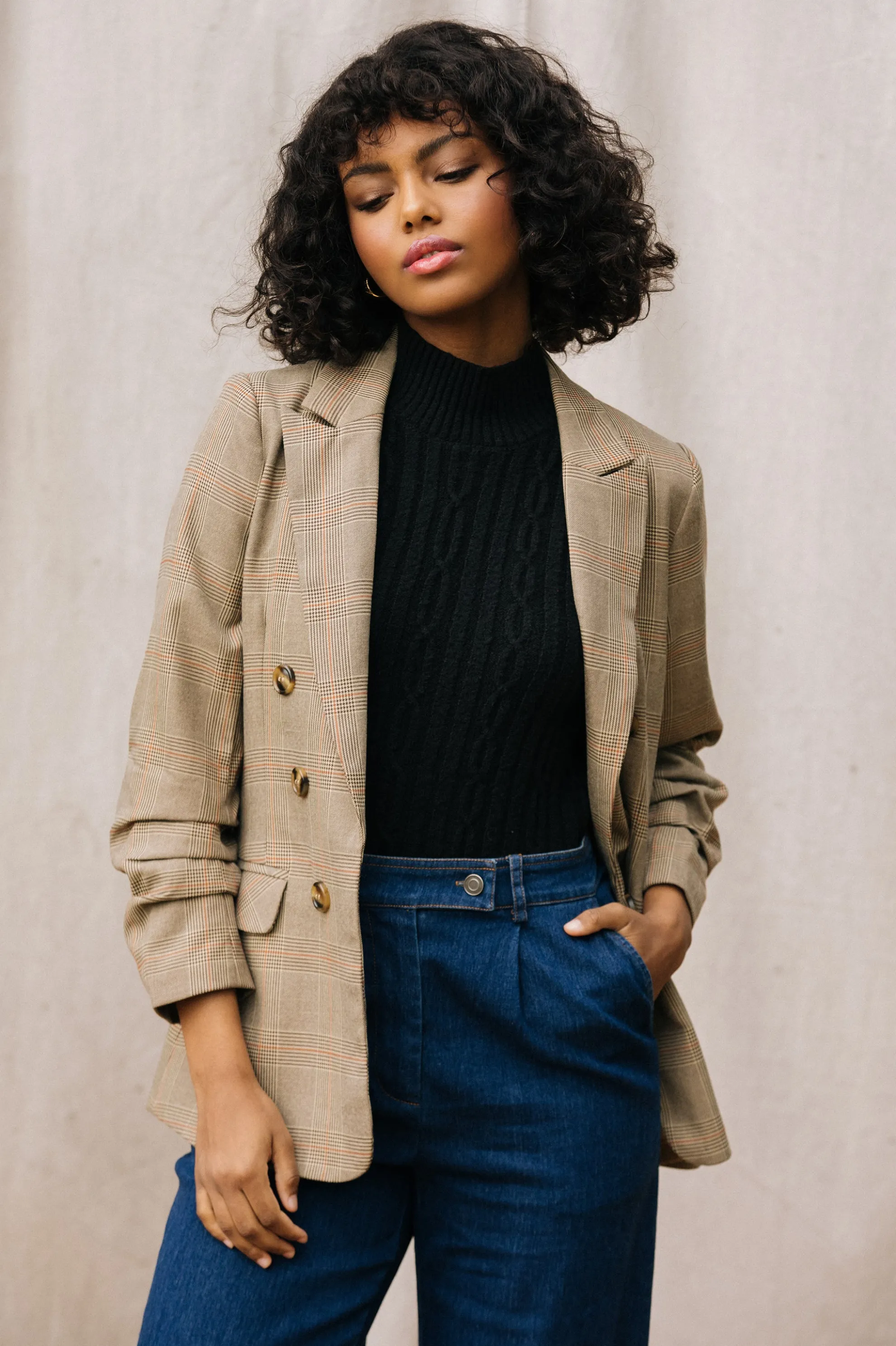 Plaid Ruched Sleeve Tailored Blazer