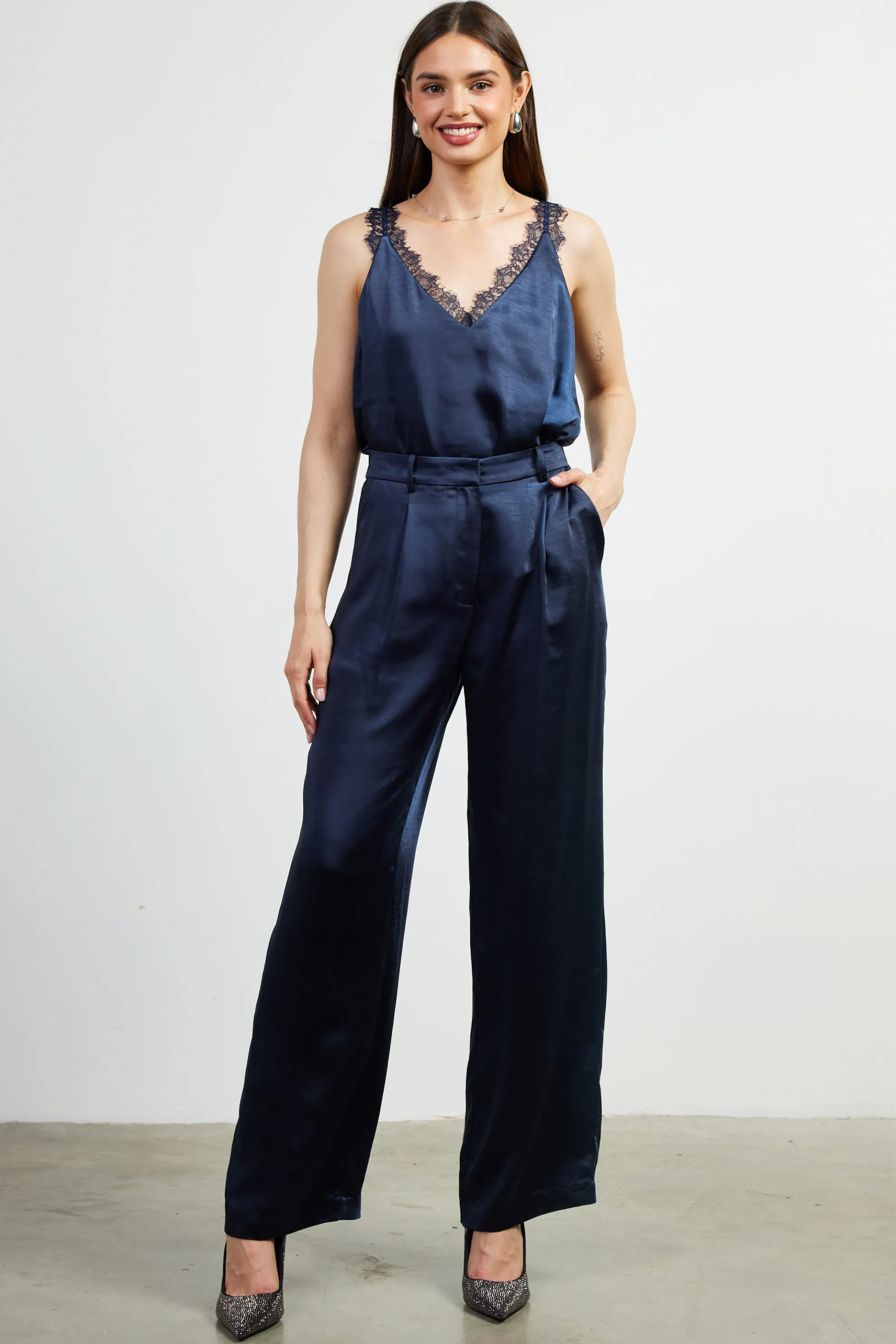 High Waisted Satin Straight Leg Pant