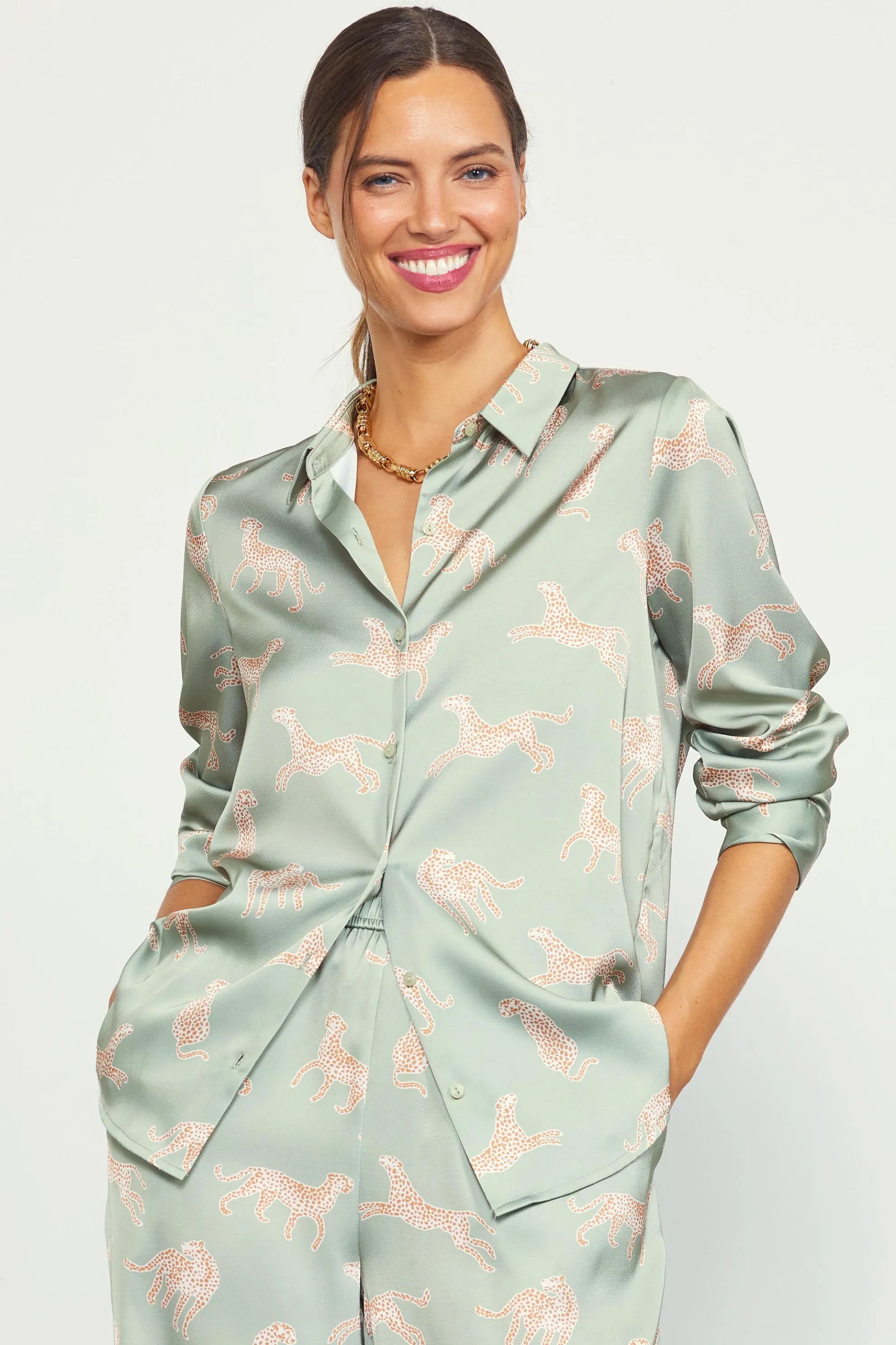 Cheetah Print Satin Button Down Blouse