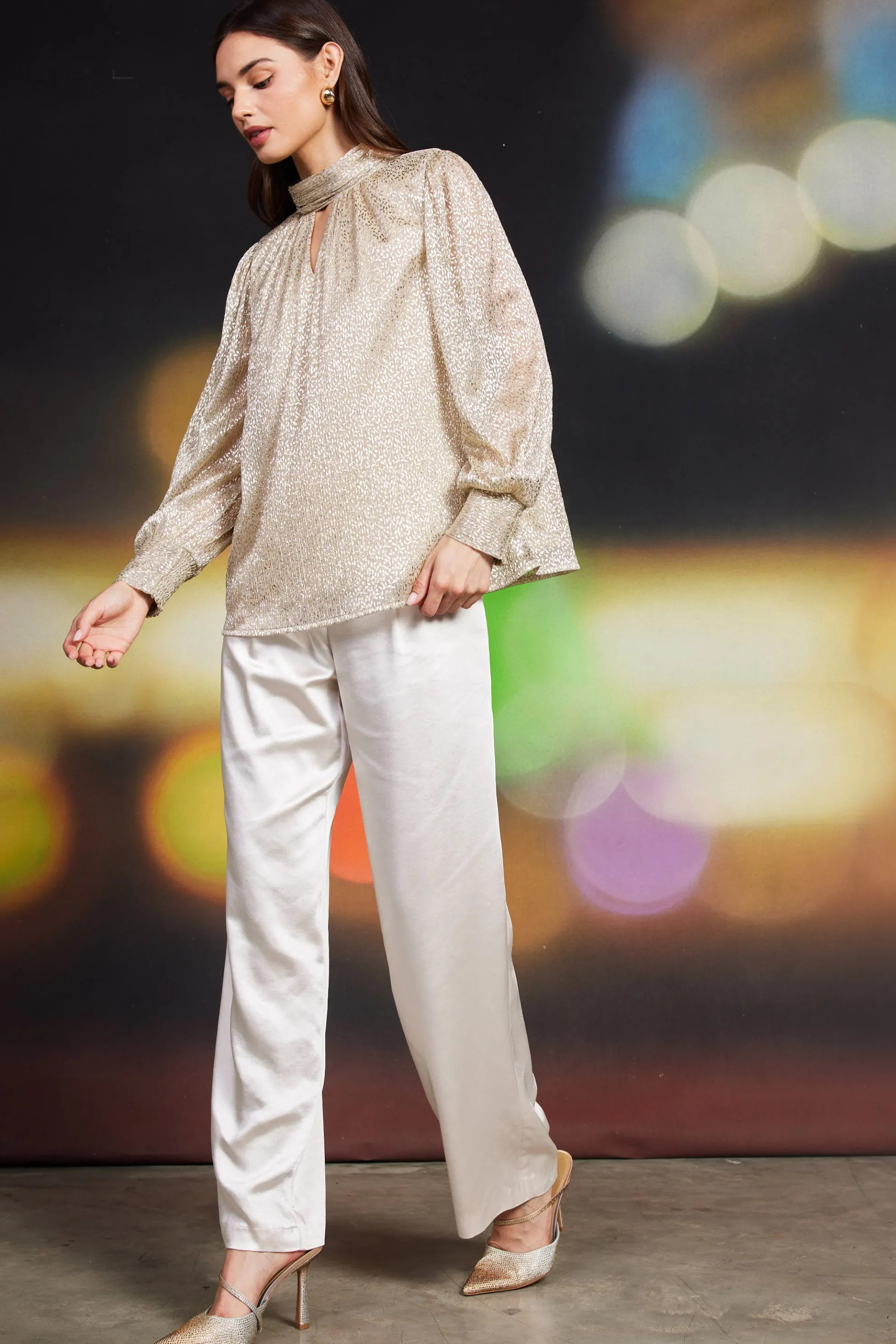 Lurex Shirred Mock Neck Top