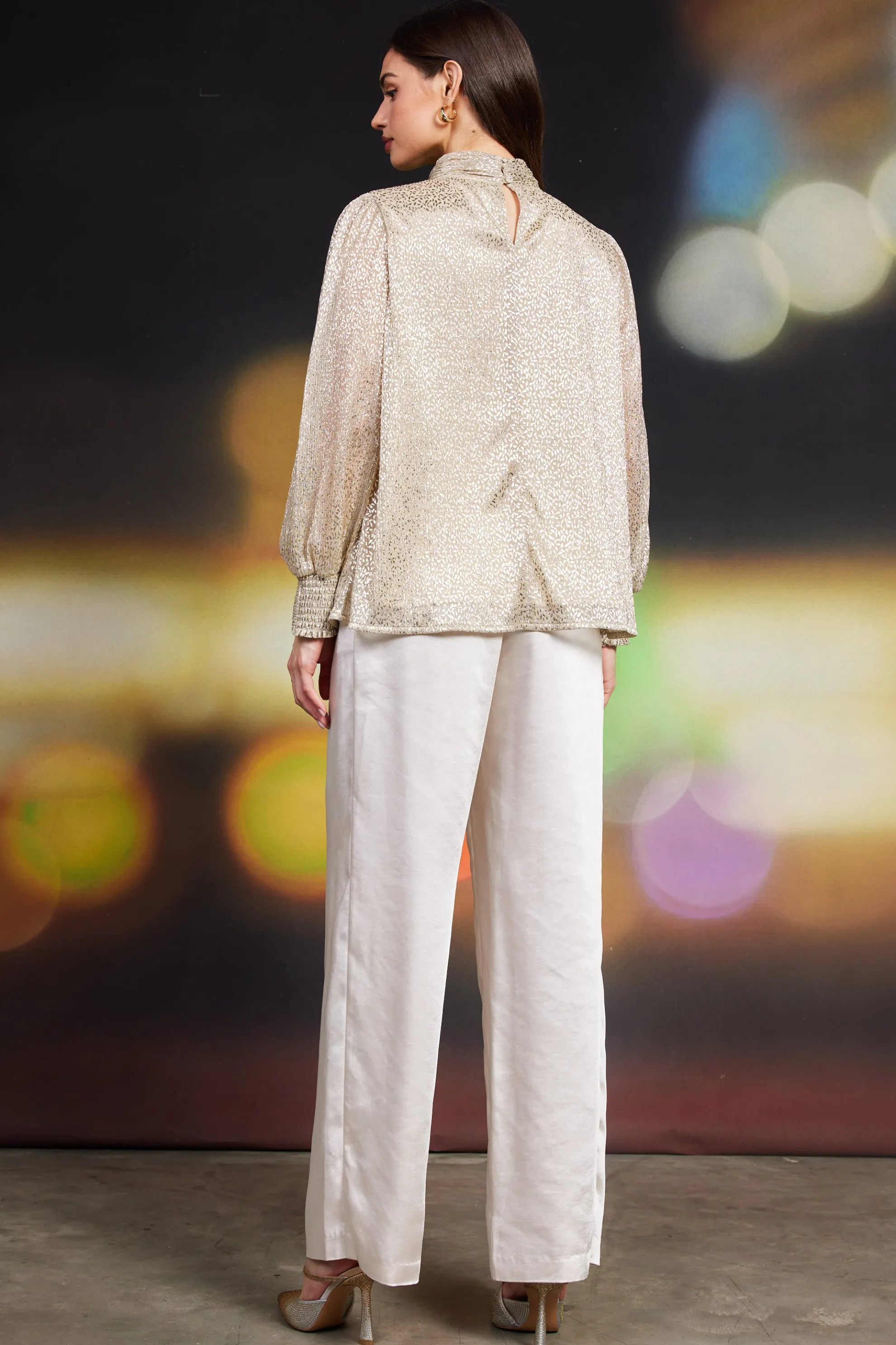 Lurex Shirred Mock Neck Top