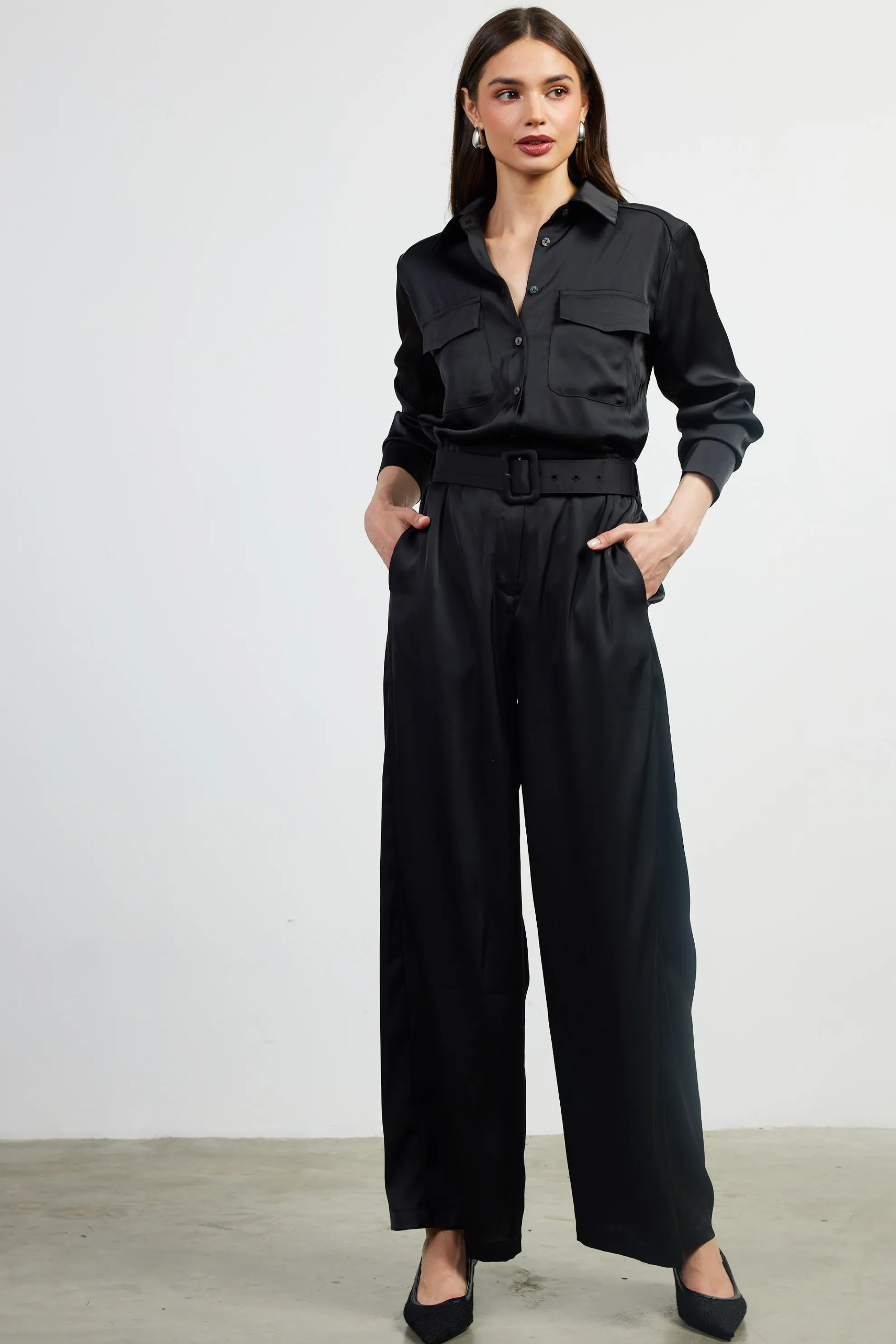 Satin Button Down Belted Jumpsuit