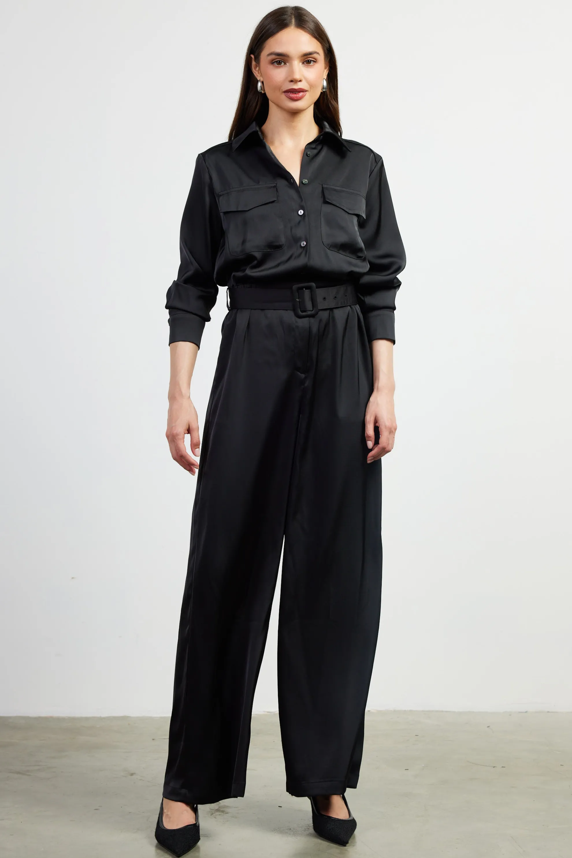 Satin Button Down Belted Jumpsuit