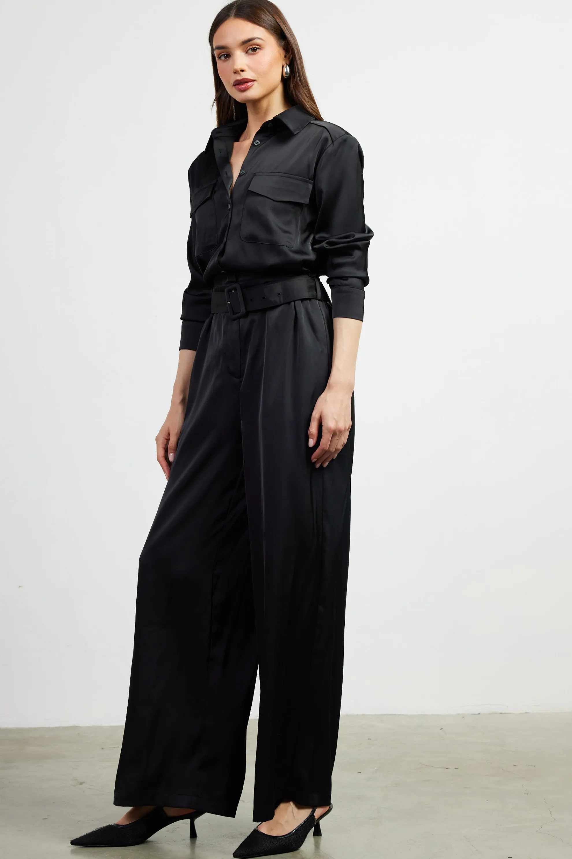 Satin Button Down Belted Jumpsuit