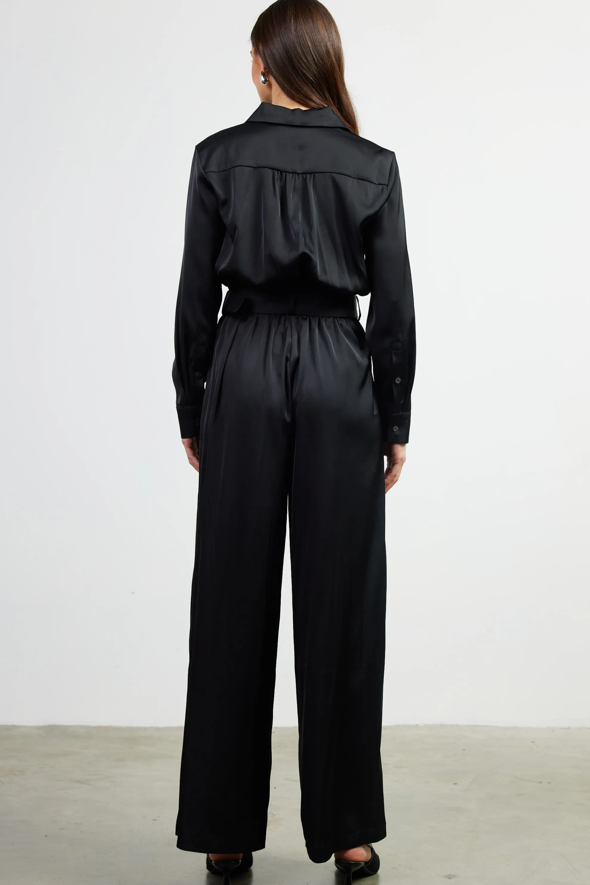 Satin Button Down Belted Jumpsuit