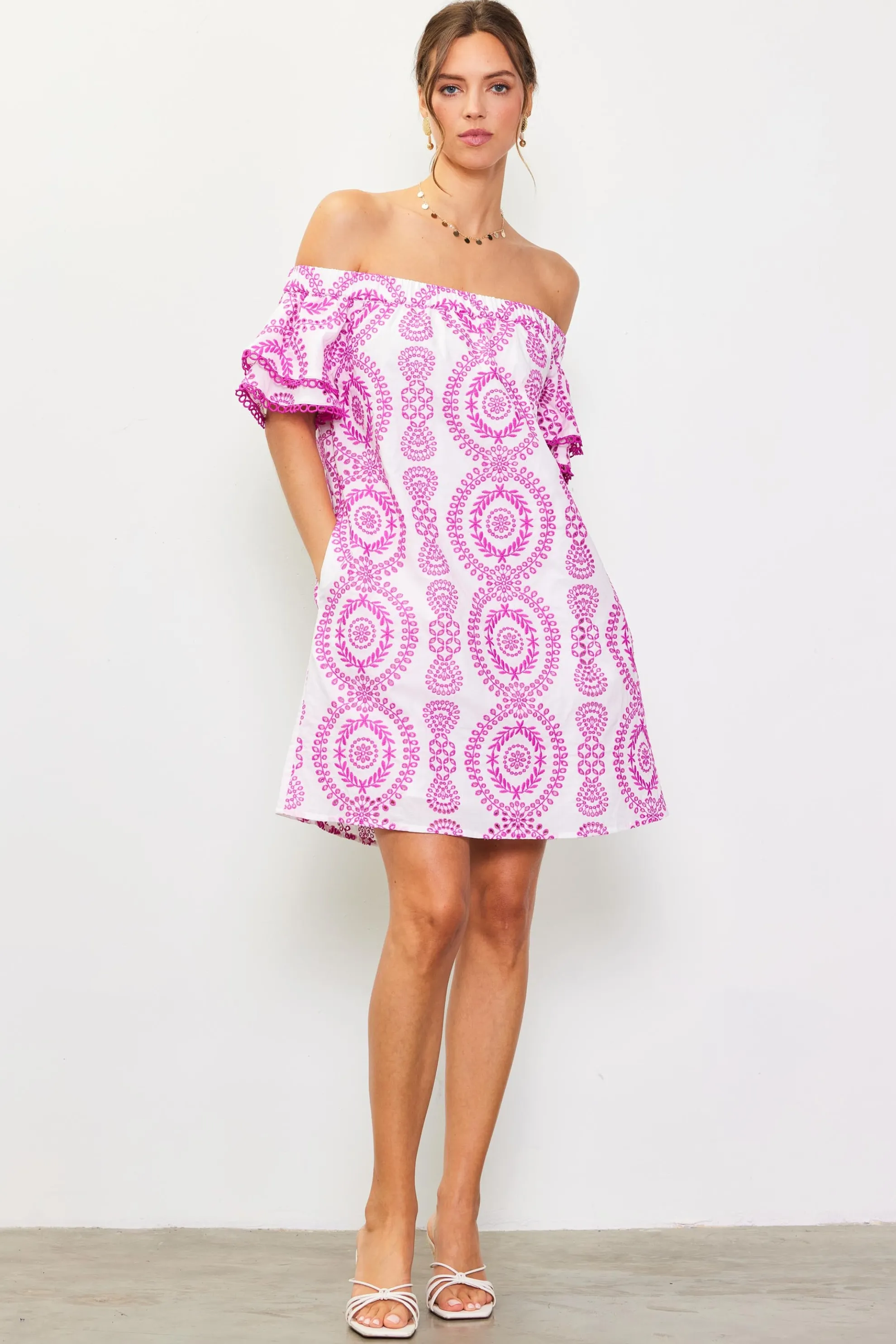 Embroidered Eyelet Off Shoulder Dress