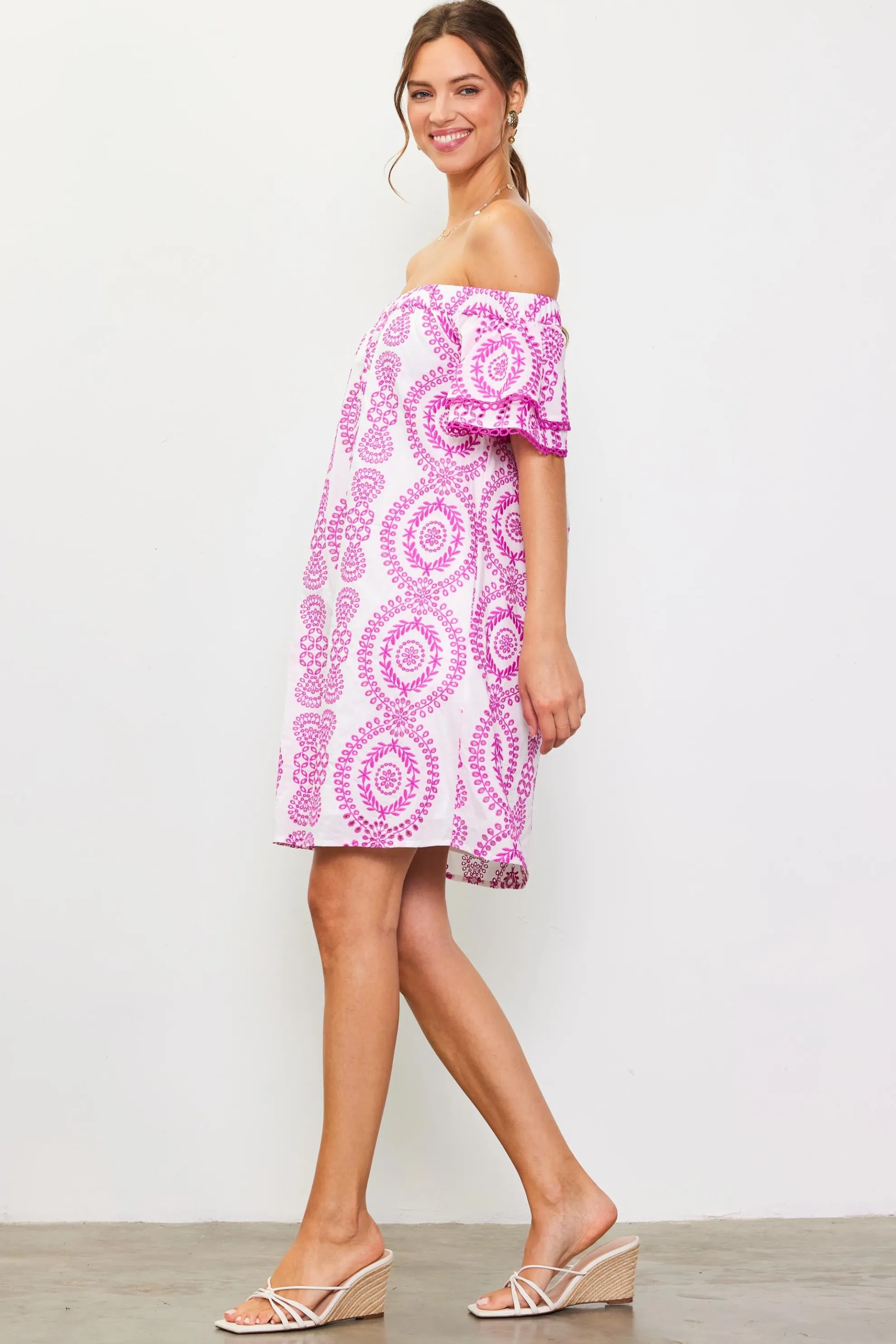 Embroidered Eyelet Off Shoulder Dress