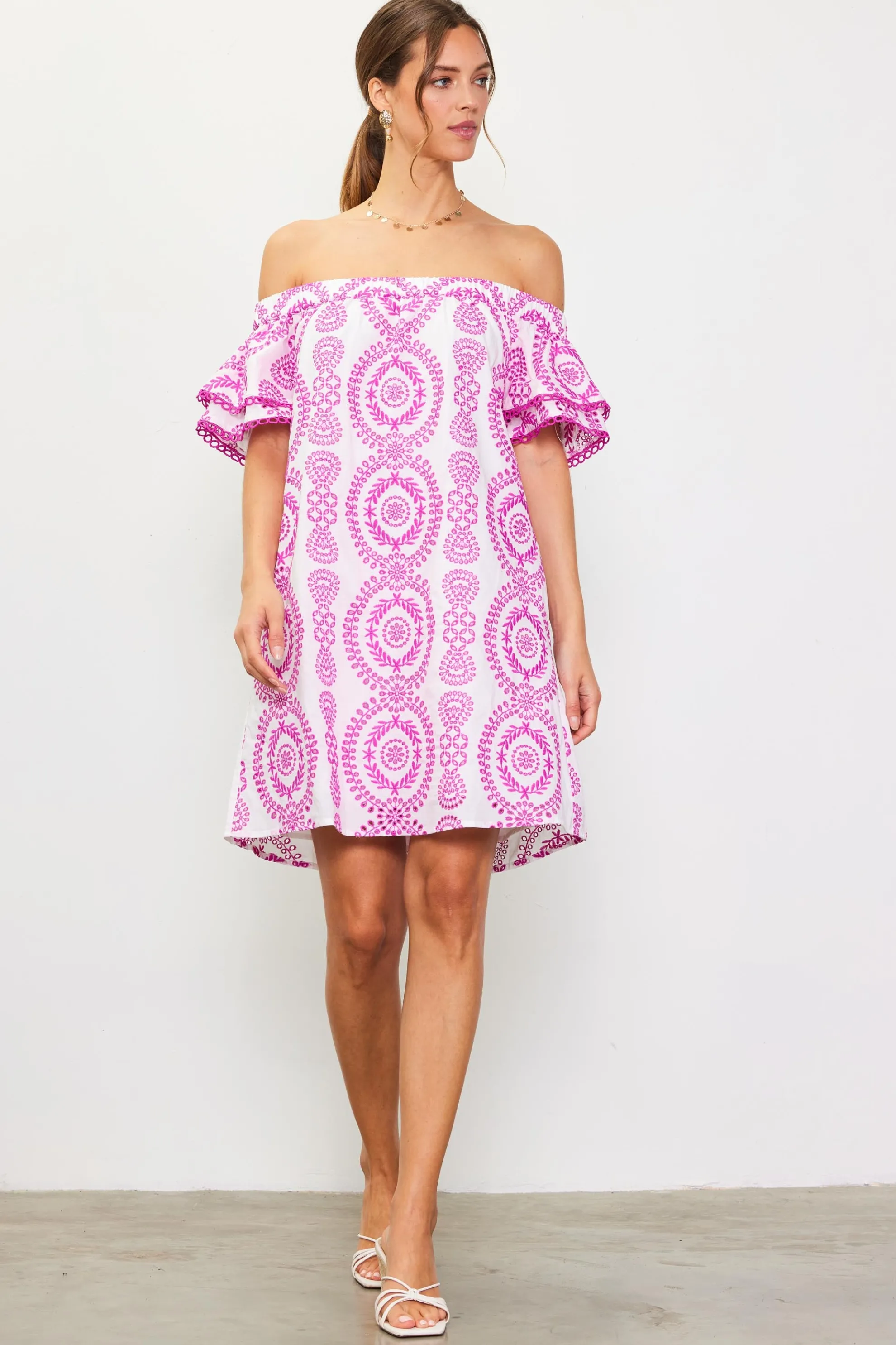 Embroidered Eyelet Off Shoulder Dress