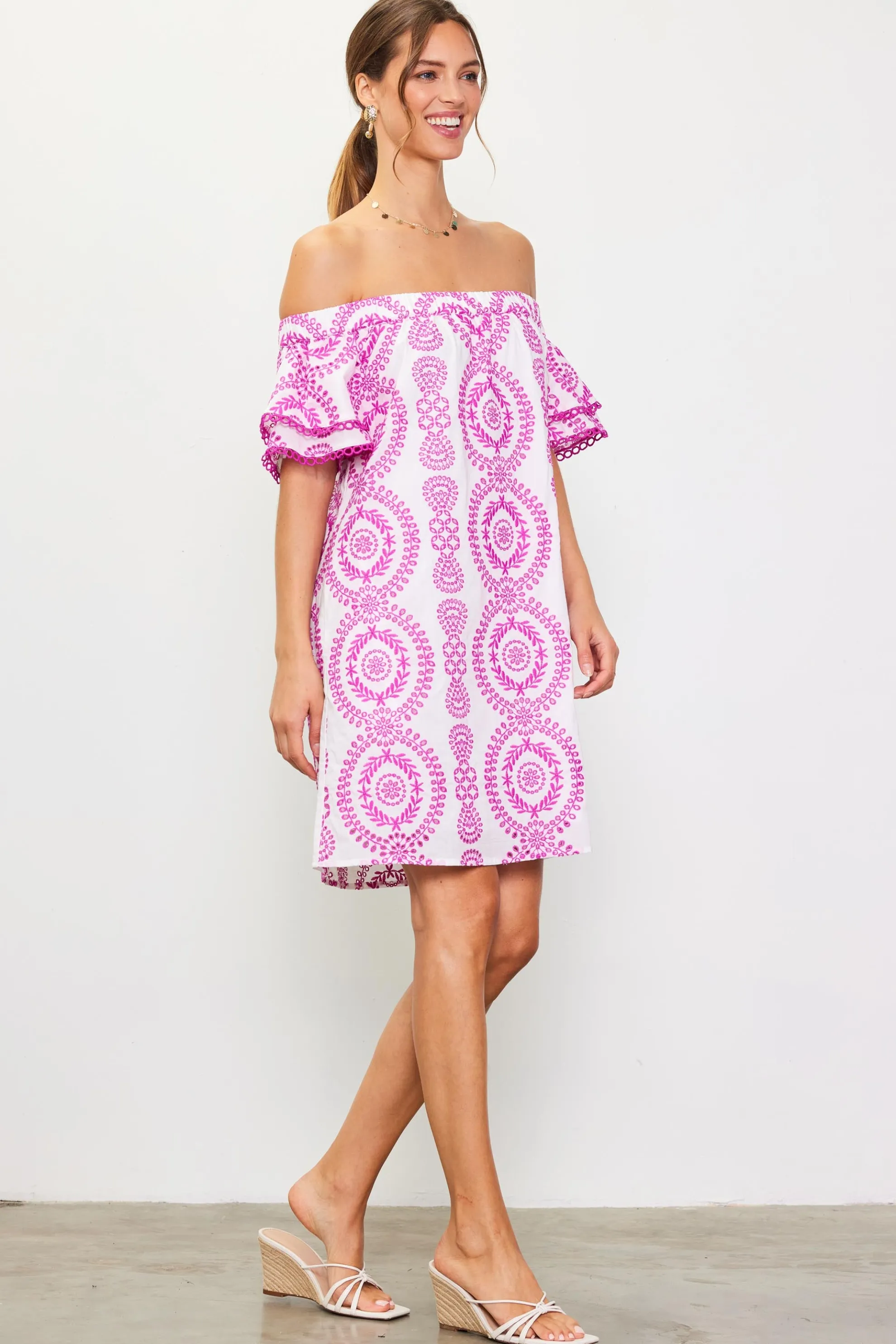 Embroidered Eyelet Off Shoulder Dress