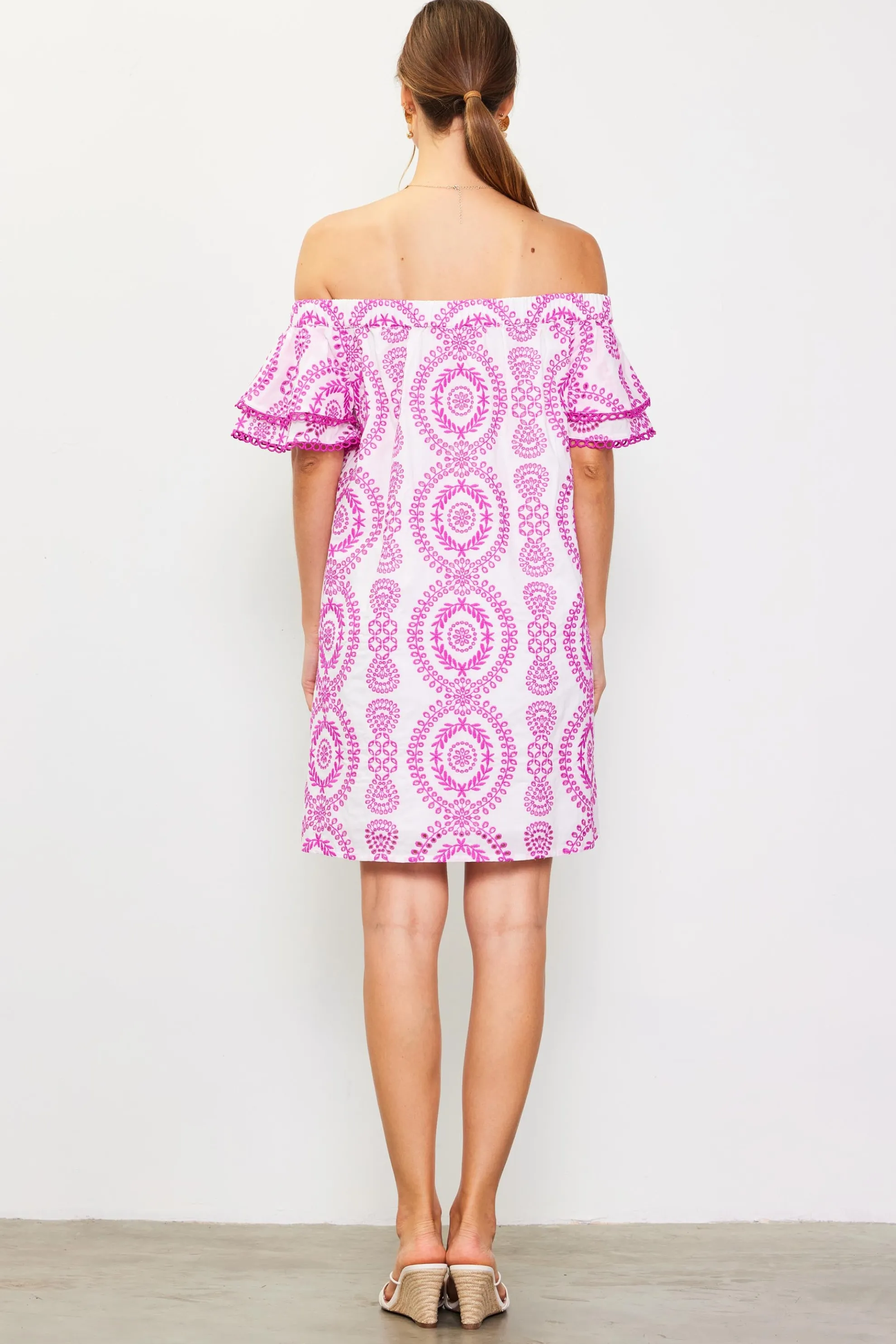 Embroidered Eyelet Off Shoulder Dress