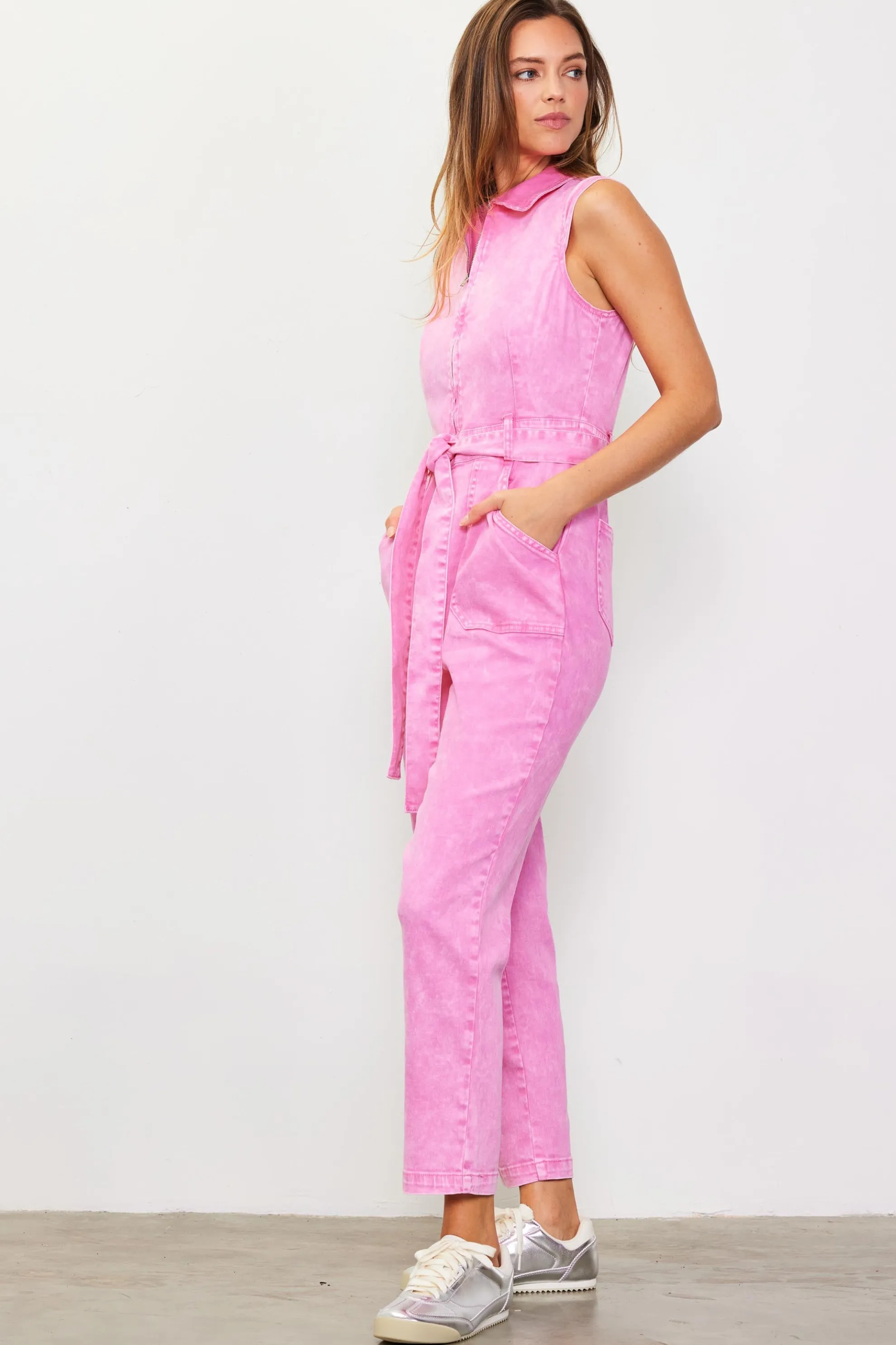 Sleeveless Washed Denim Jumpsuit