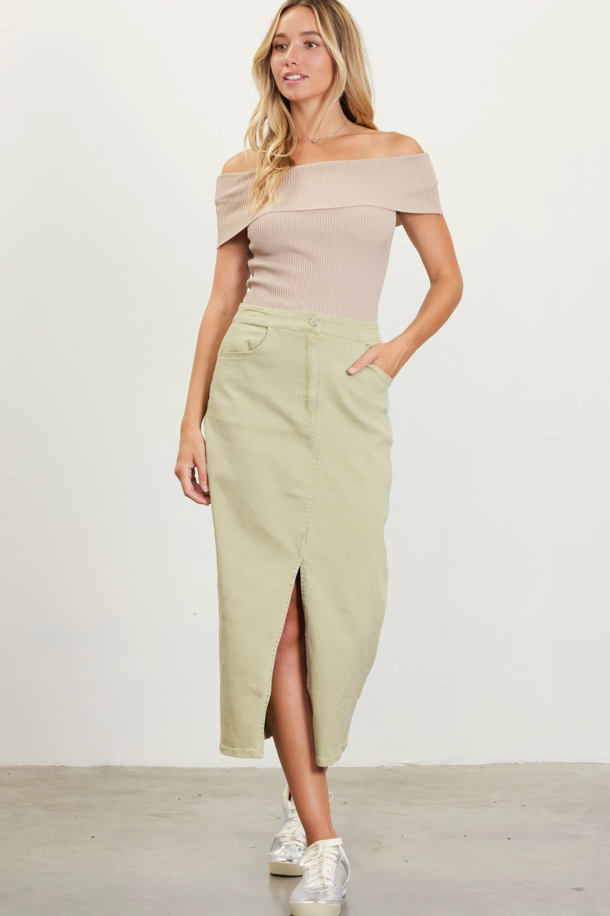 Washed Cotton Twill Midi Skirt