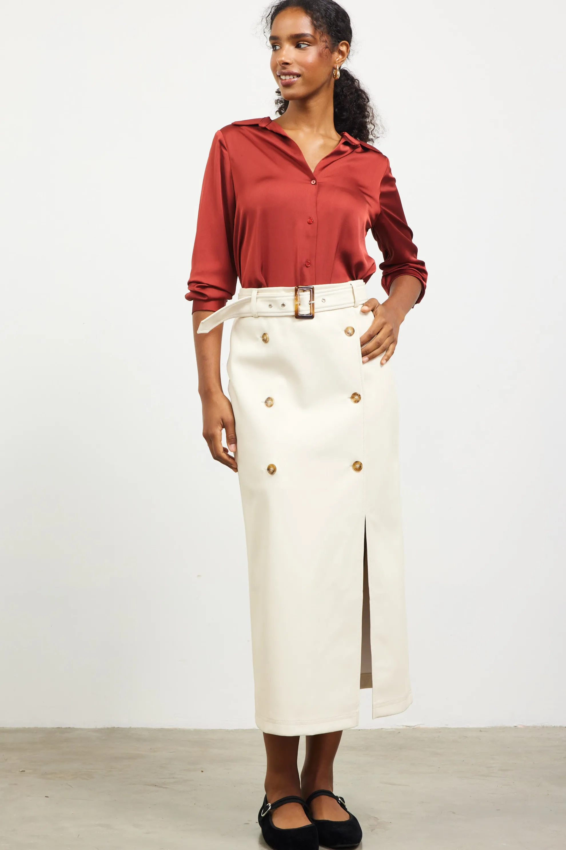 Faux Leather Belted Midi Skirt