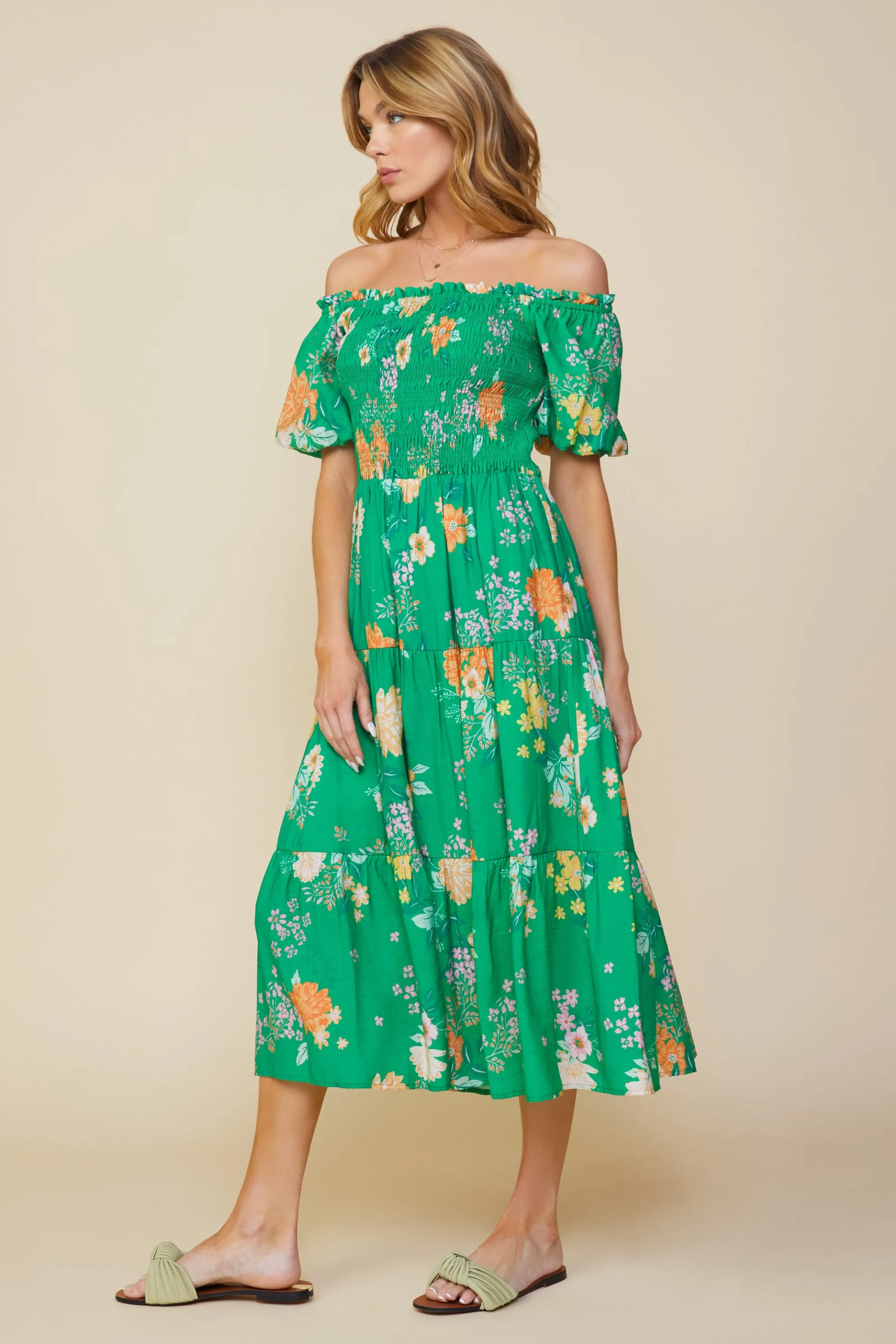 Fleur Print Off Shoulder Midi Dress