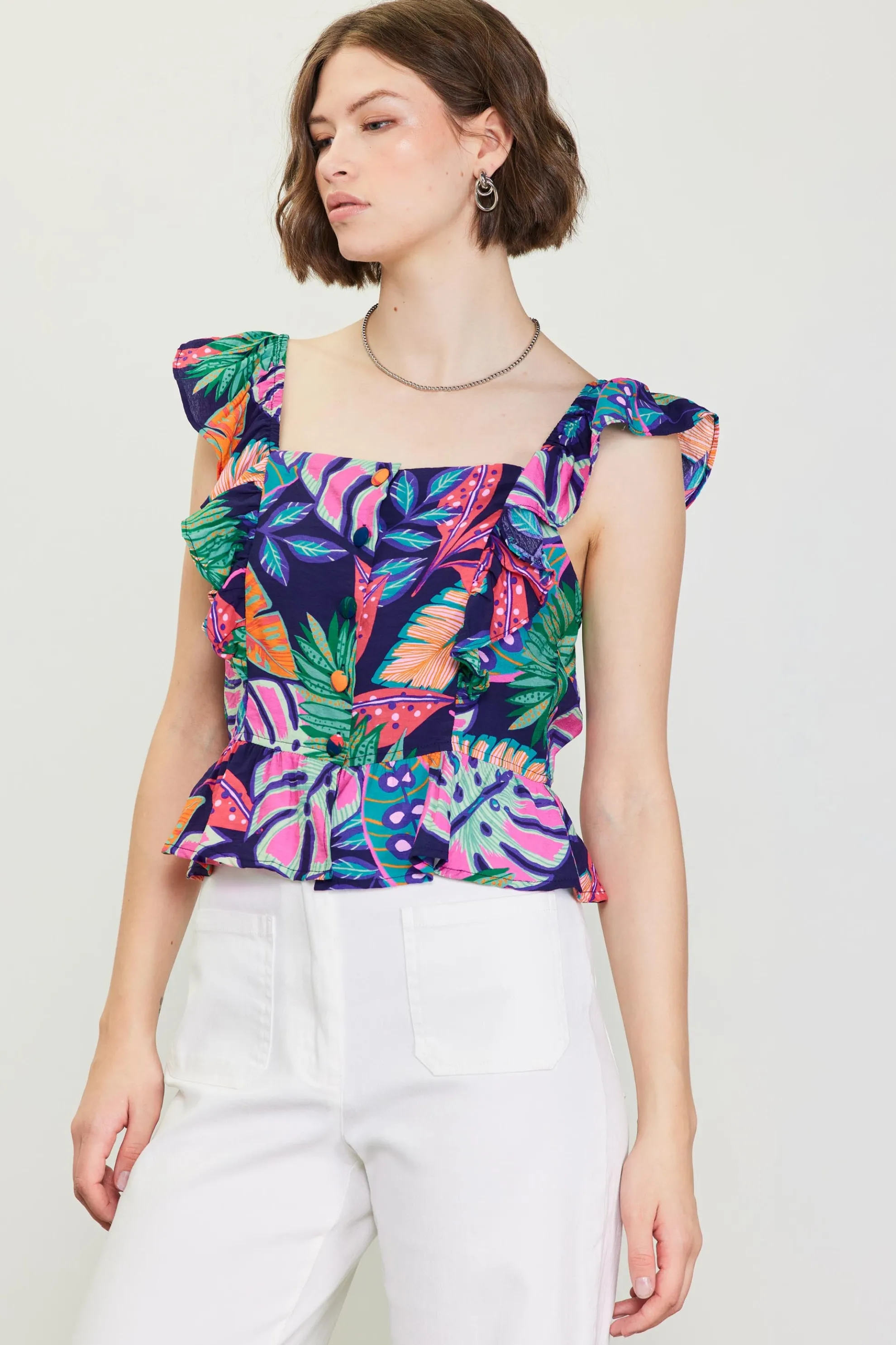 Ula Tropical Print Ruffled Sleeve Top