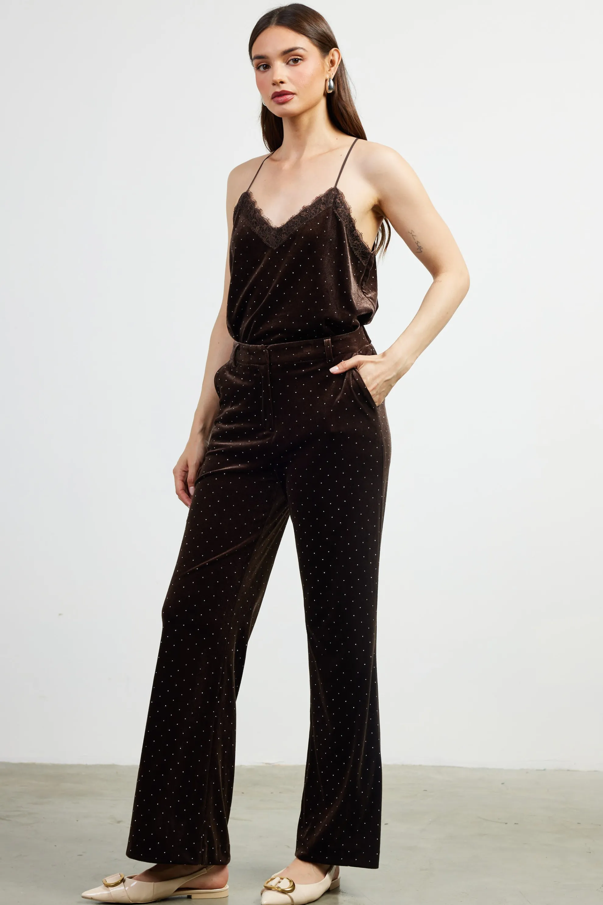 Rhinestone Velvet Flared Pants