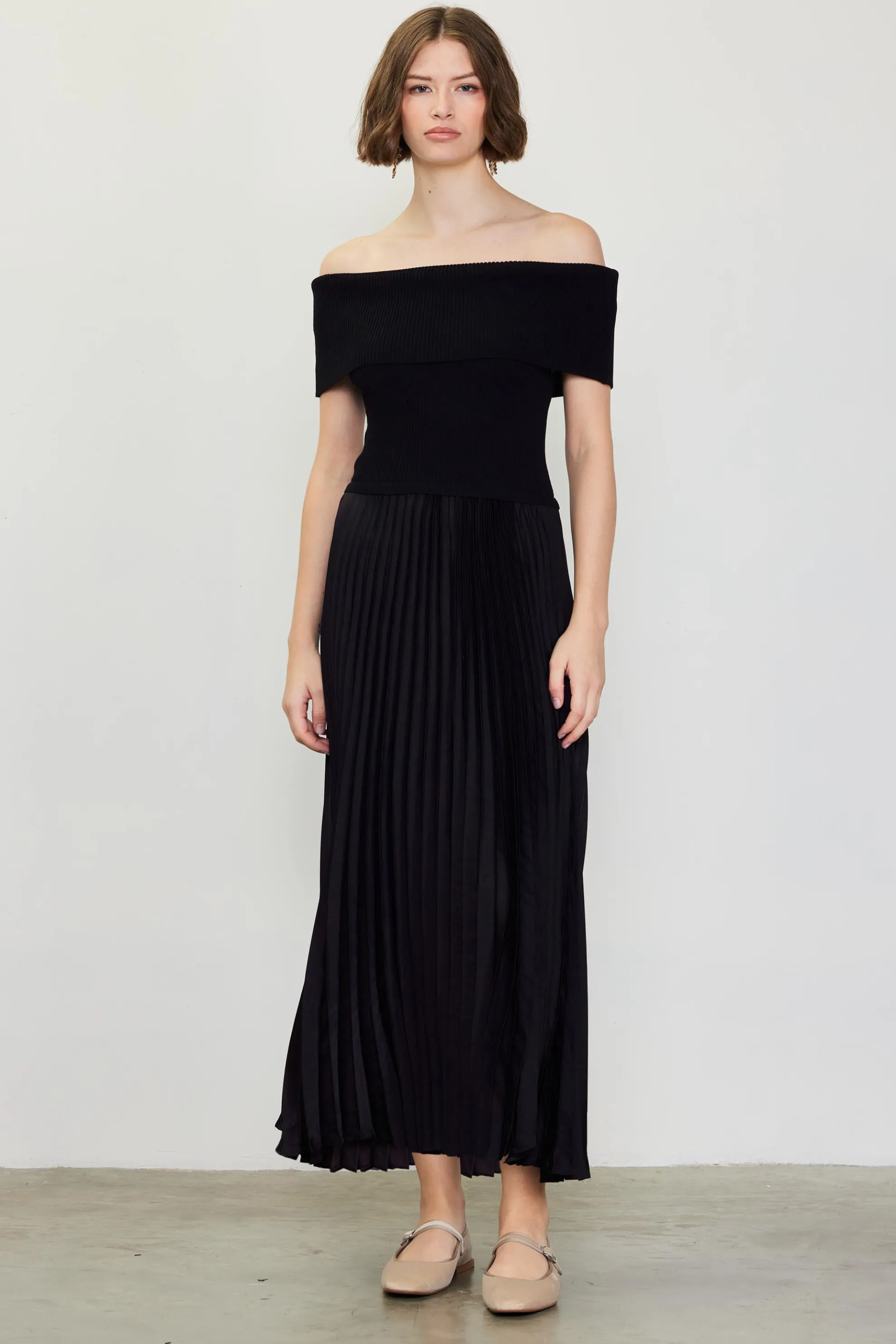 Off Shoulder Mixed Media Pleated Dress