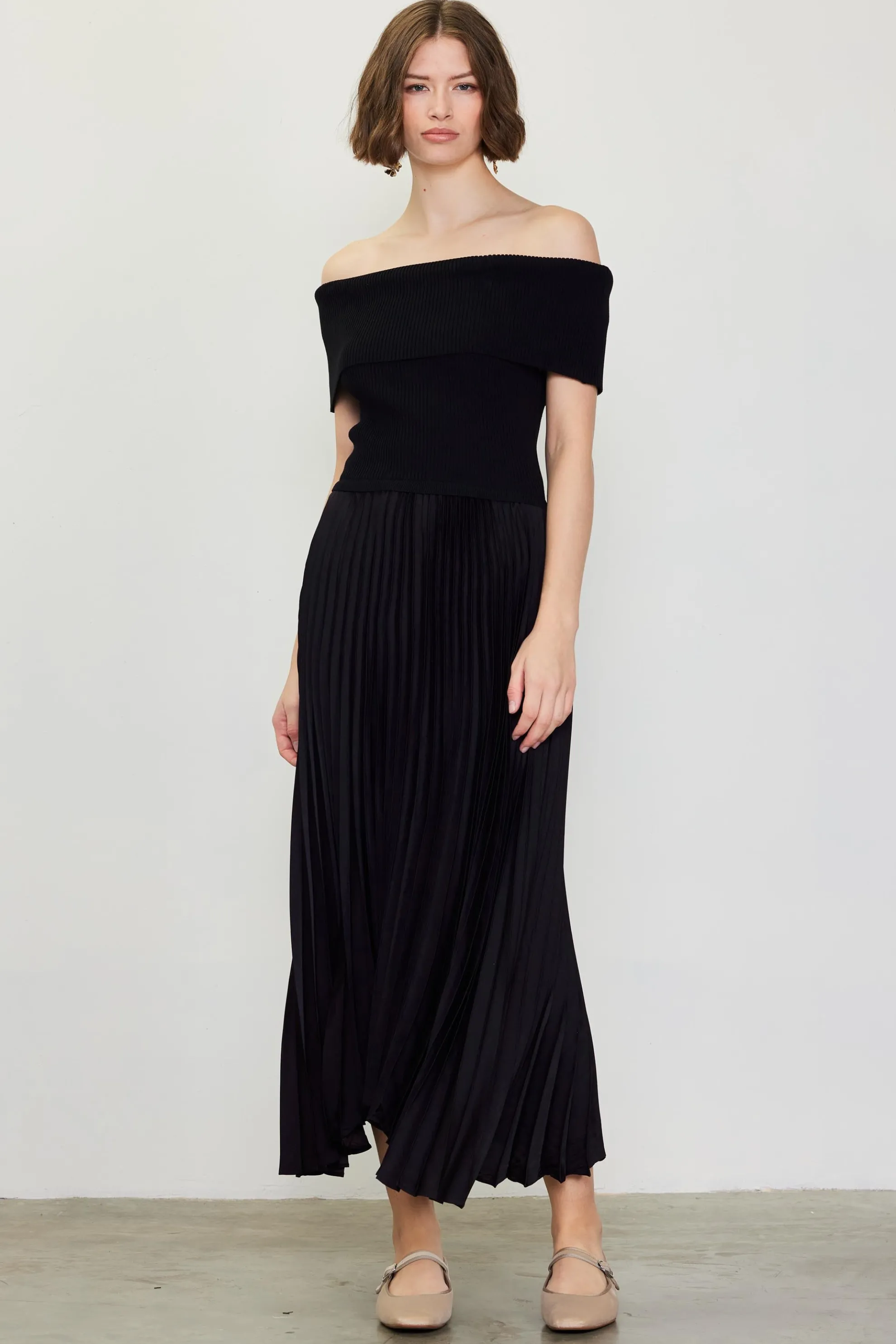 Off Shoulder Mixed Media Pleated Dress