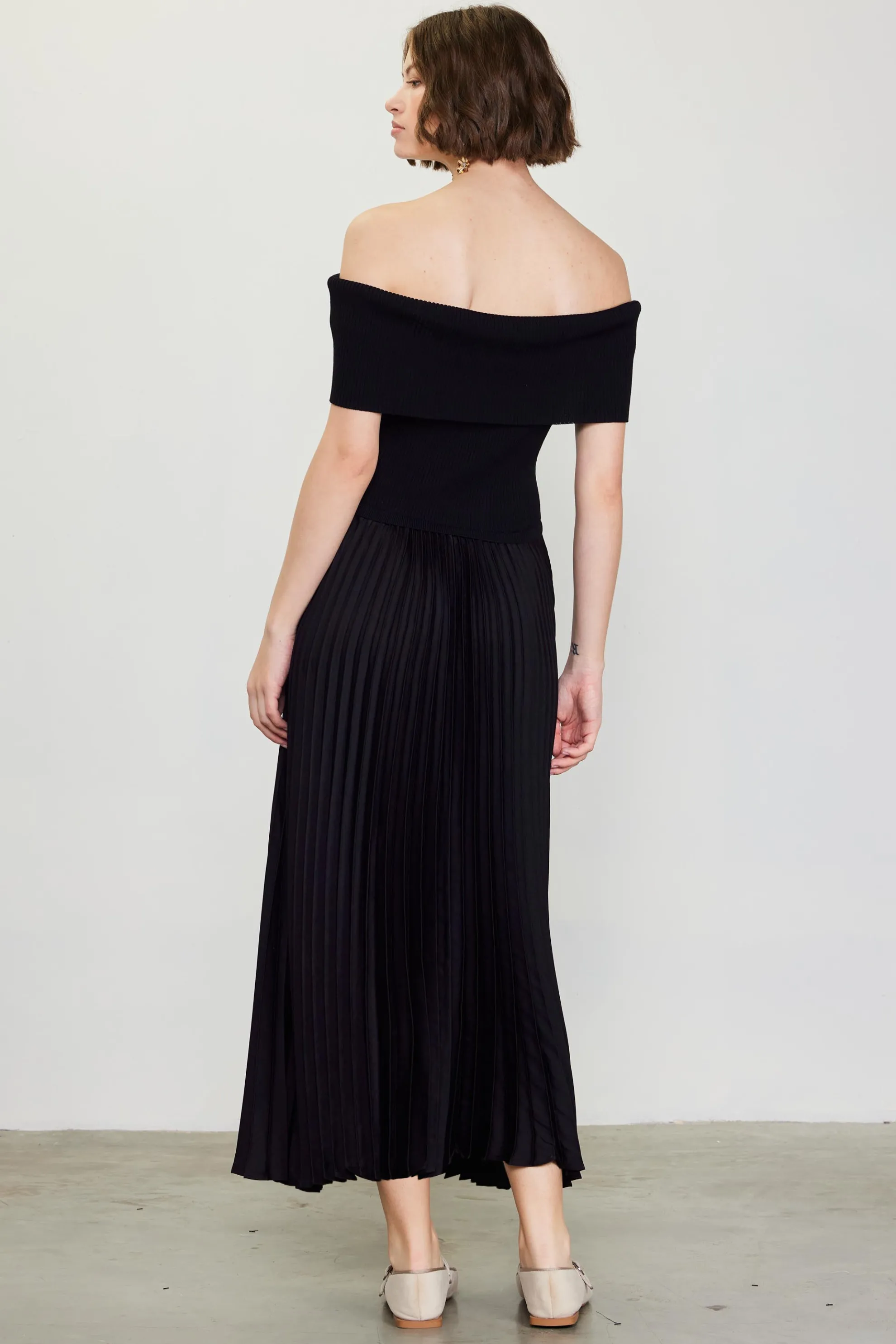 Off Shoulder Mixed Media Pleated Dress