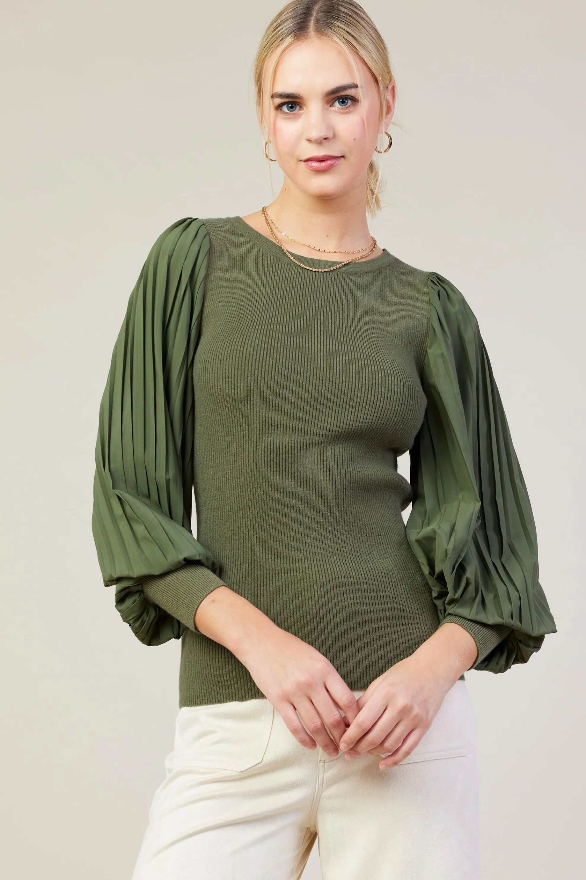 Mixed Media Pleated Sleeve Top