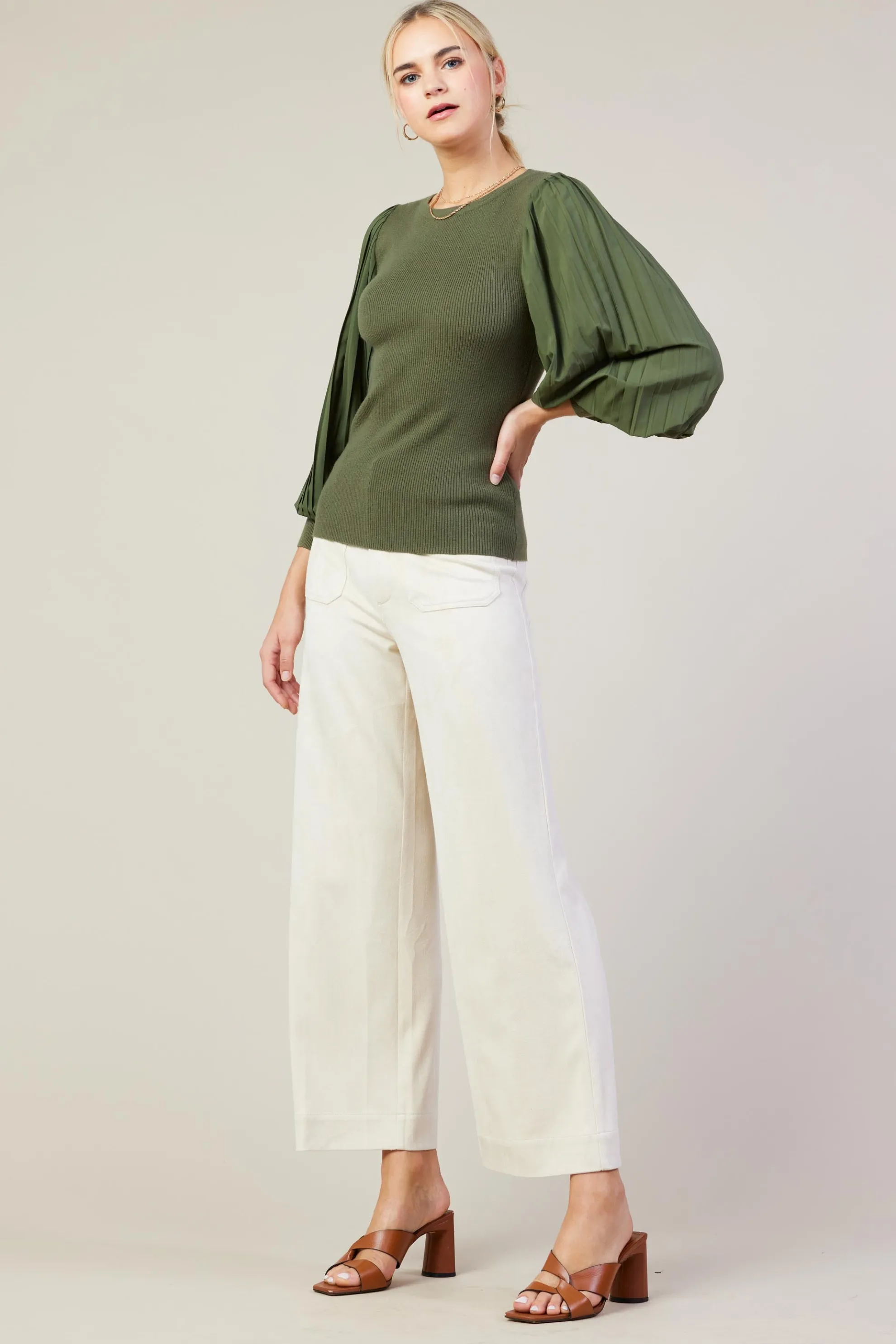 Mixed Media Pleated Sleeve Top